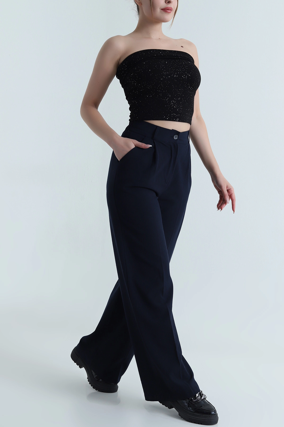Lacivert Pileli Cepli Double Kadın Pantolon 486954