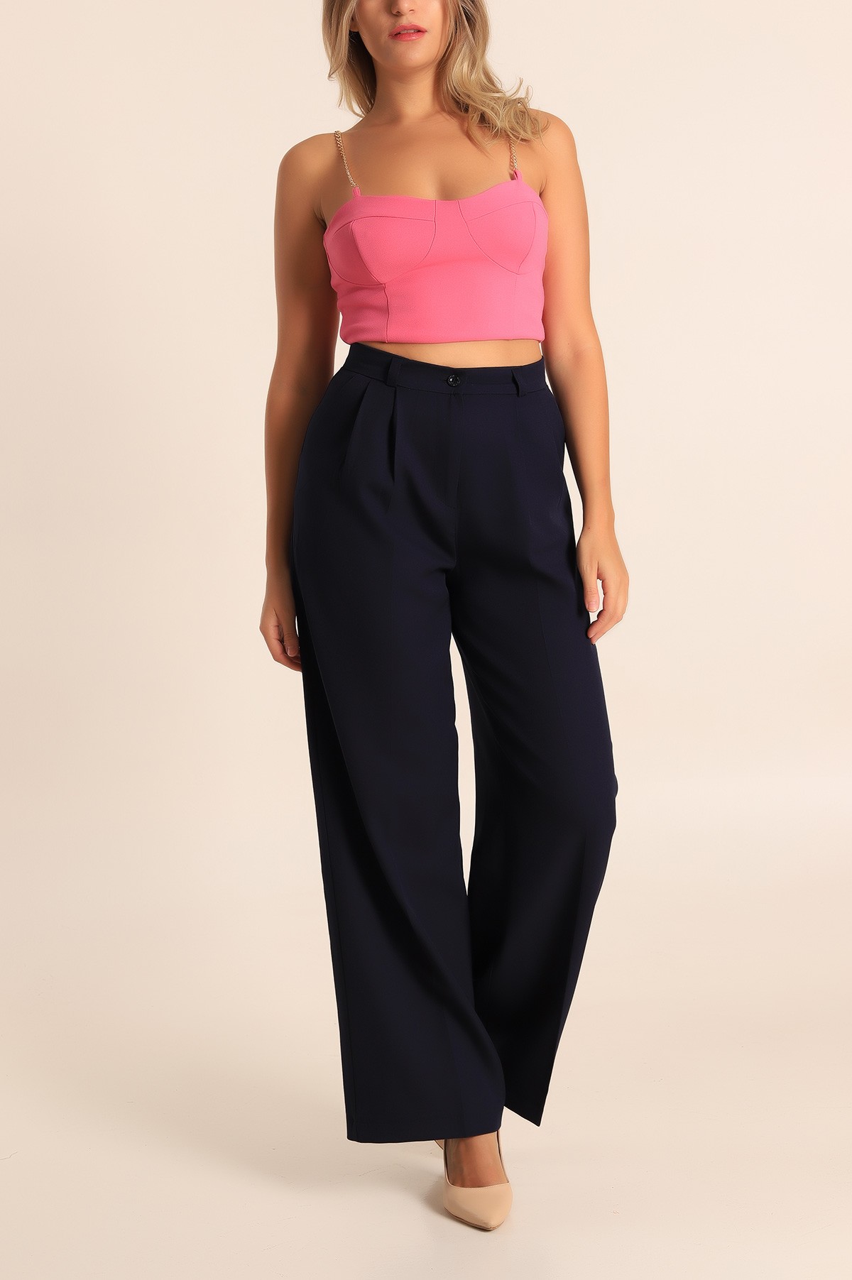 Lacivert Pileli Palazzo Bayan Pantalon 196244