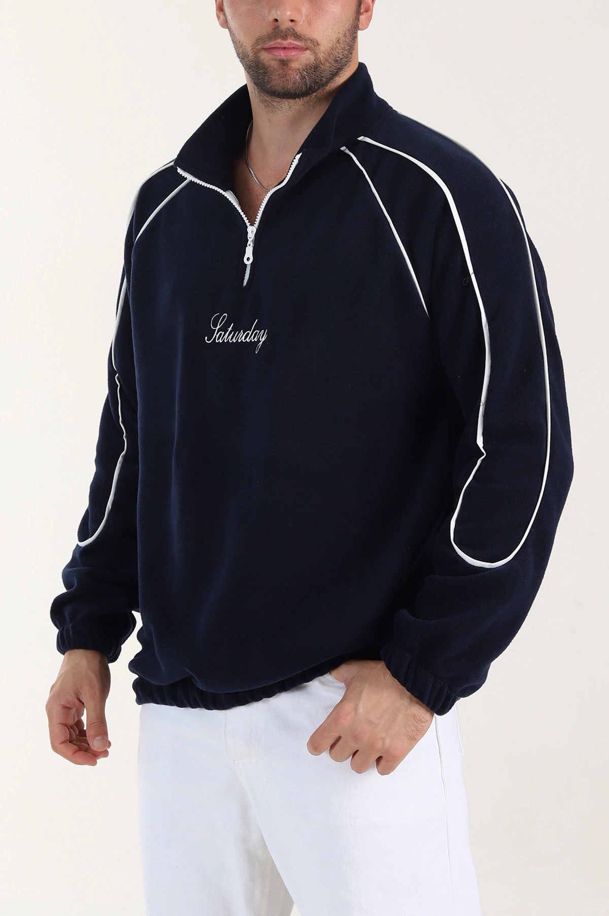 Lacivert Polar Kumaş Yarım Fermuarlı Yazı Detaylı Erkek Sweatshirt 408549