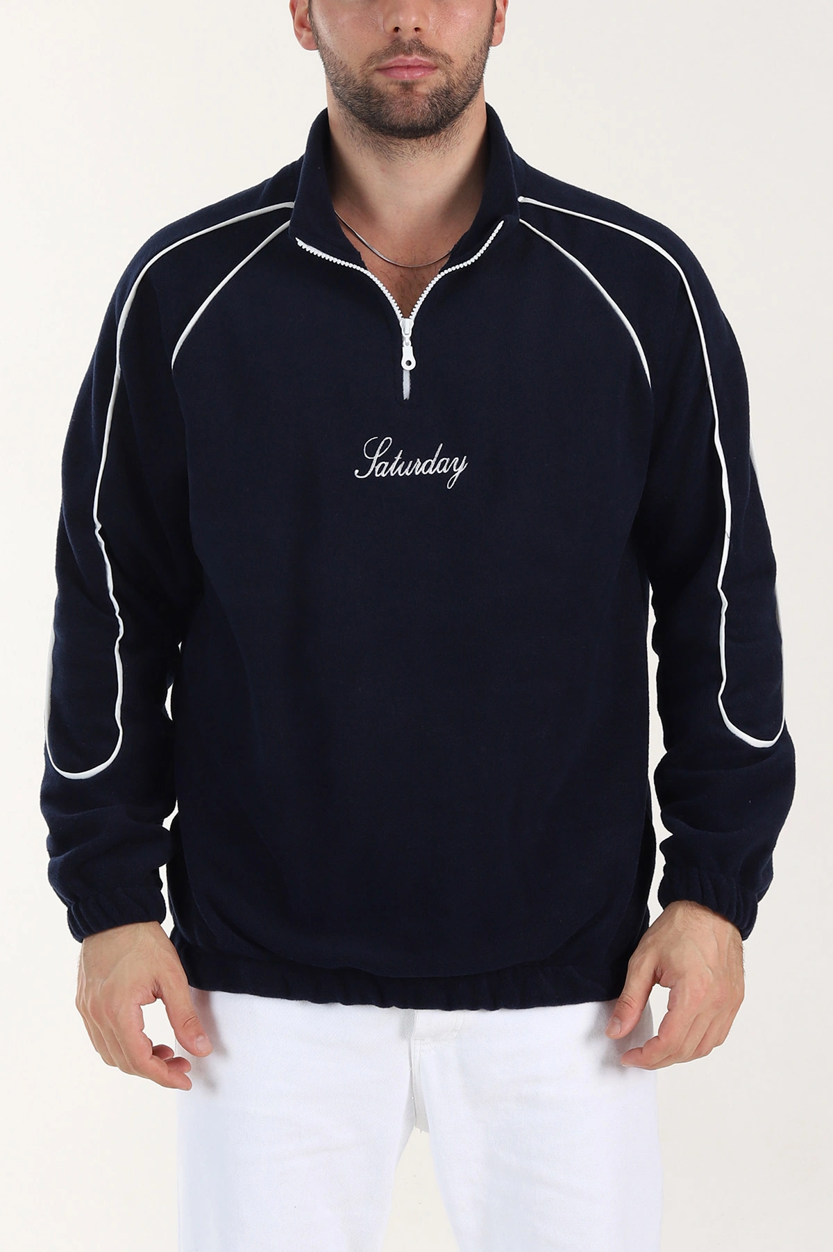 Lacivert Polar Kumaş Yarım Fermuarlı Yazı Detaylı Erkek Sweatshirt 408549