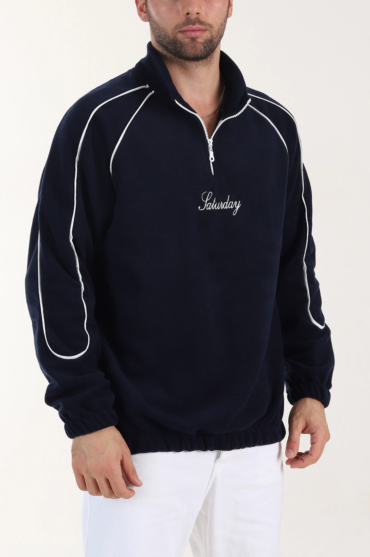 Lacivert Polar Kumaş Yarım Fermuarlı Yazı Detaylı Erkek Sweatshirt 408549