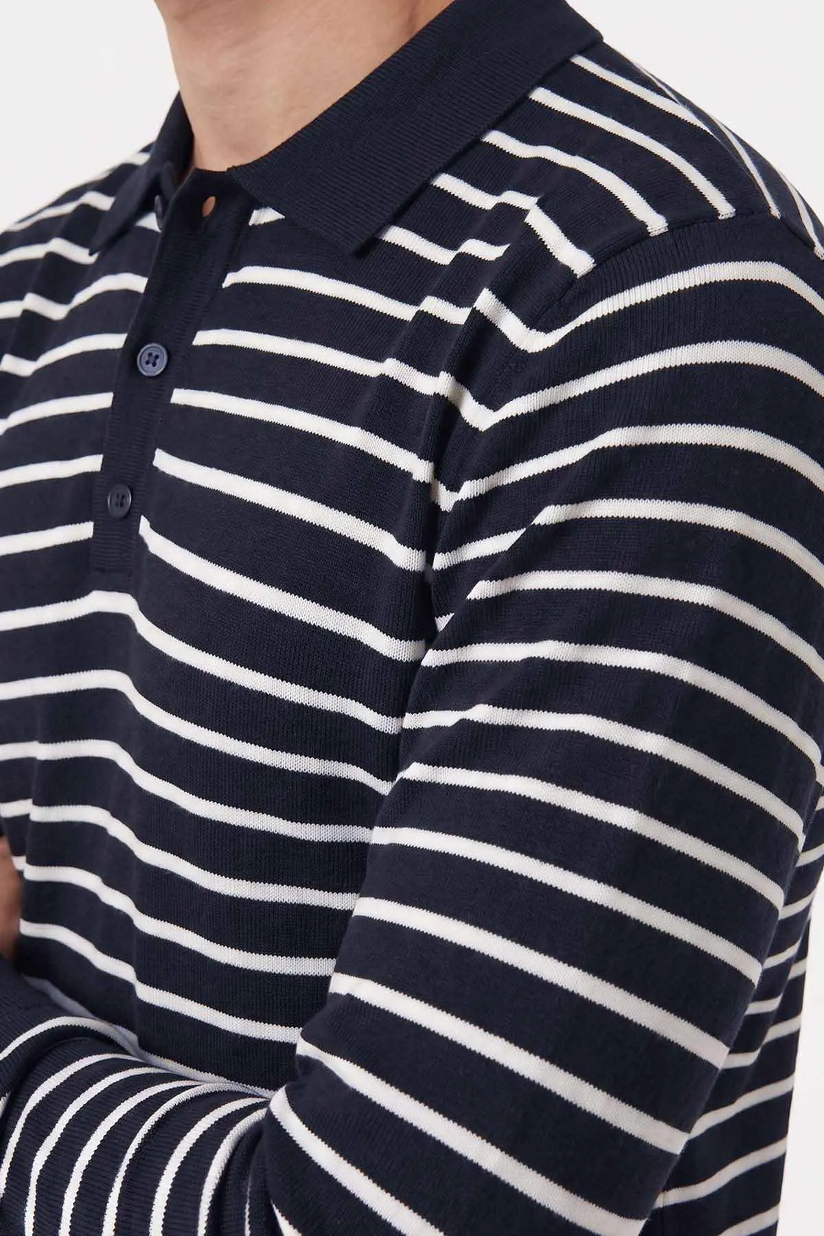 Lacivert Polo Yaka Çizgi Detaylı Düğmeli Erkek Triko Kazak 482770