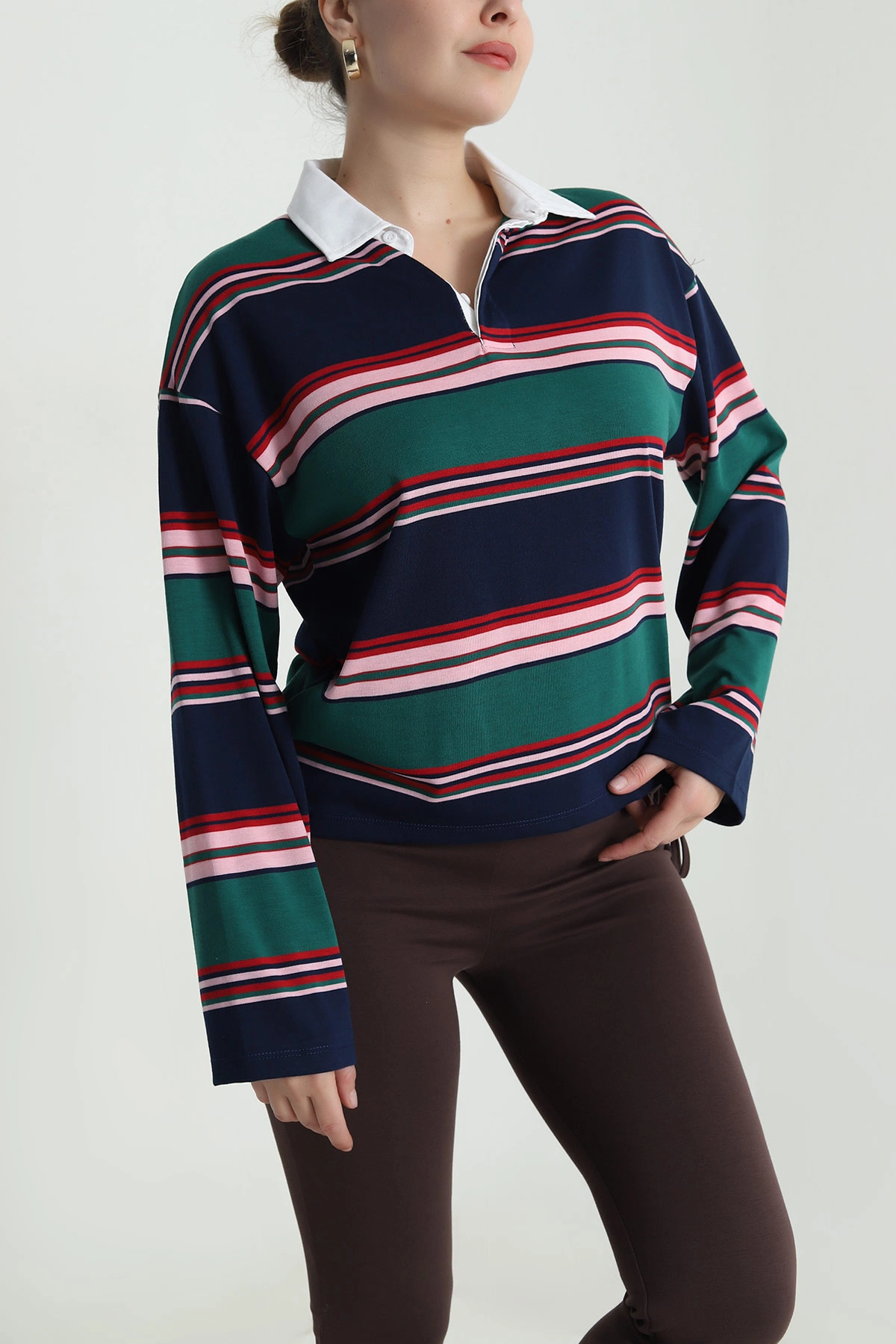 Lacivert Polo Yaka Çizgili Kadın Fermuarsız Sweat 493741