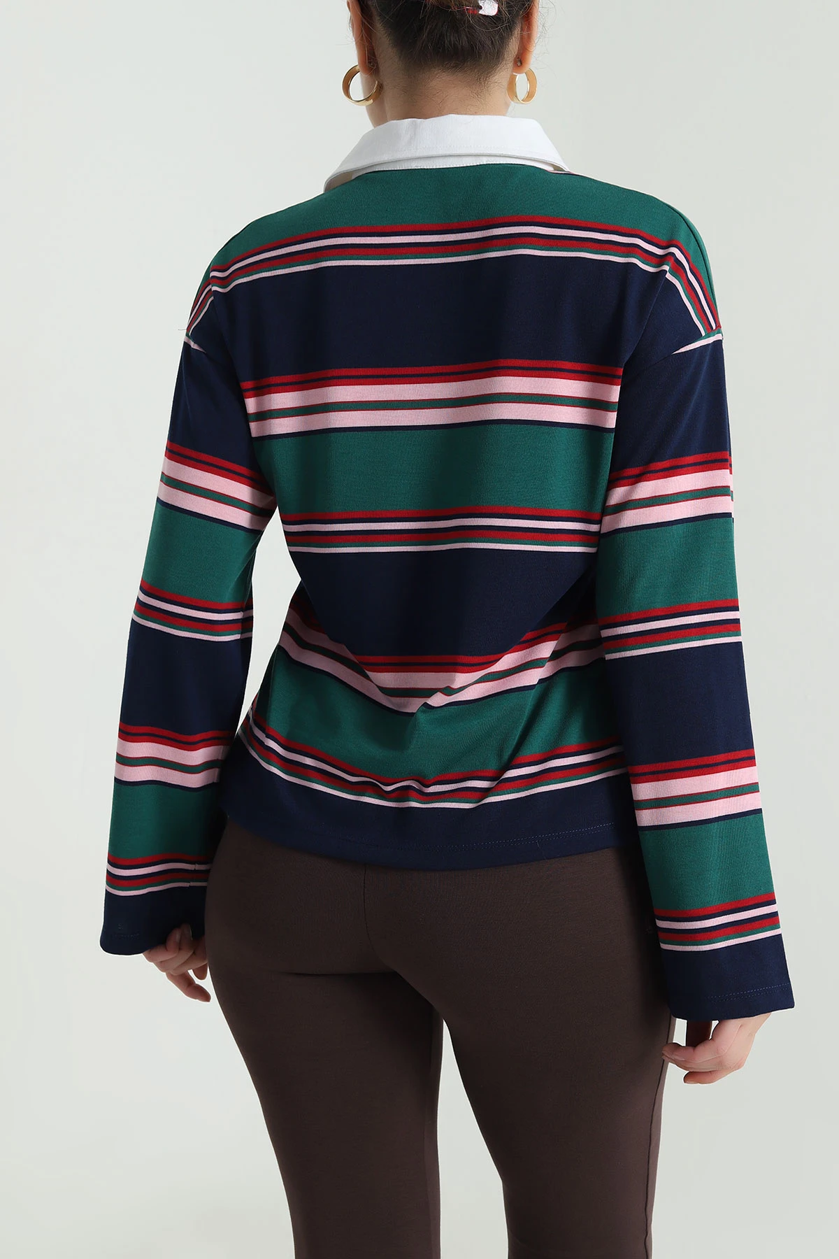 Lacivert Polo Yaka Çizgili Kadın Fermuarsız Sweat 493741