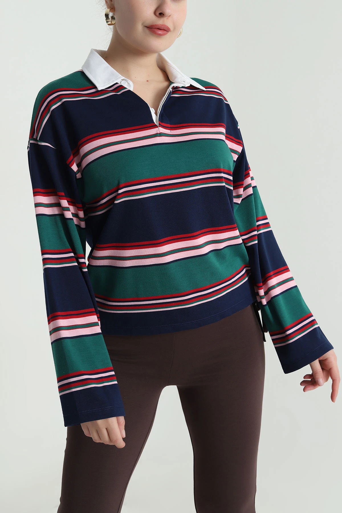 Lacivert Polo Yaka Çizgili Kadın Fermuarsız Sweat 493741