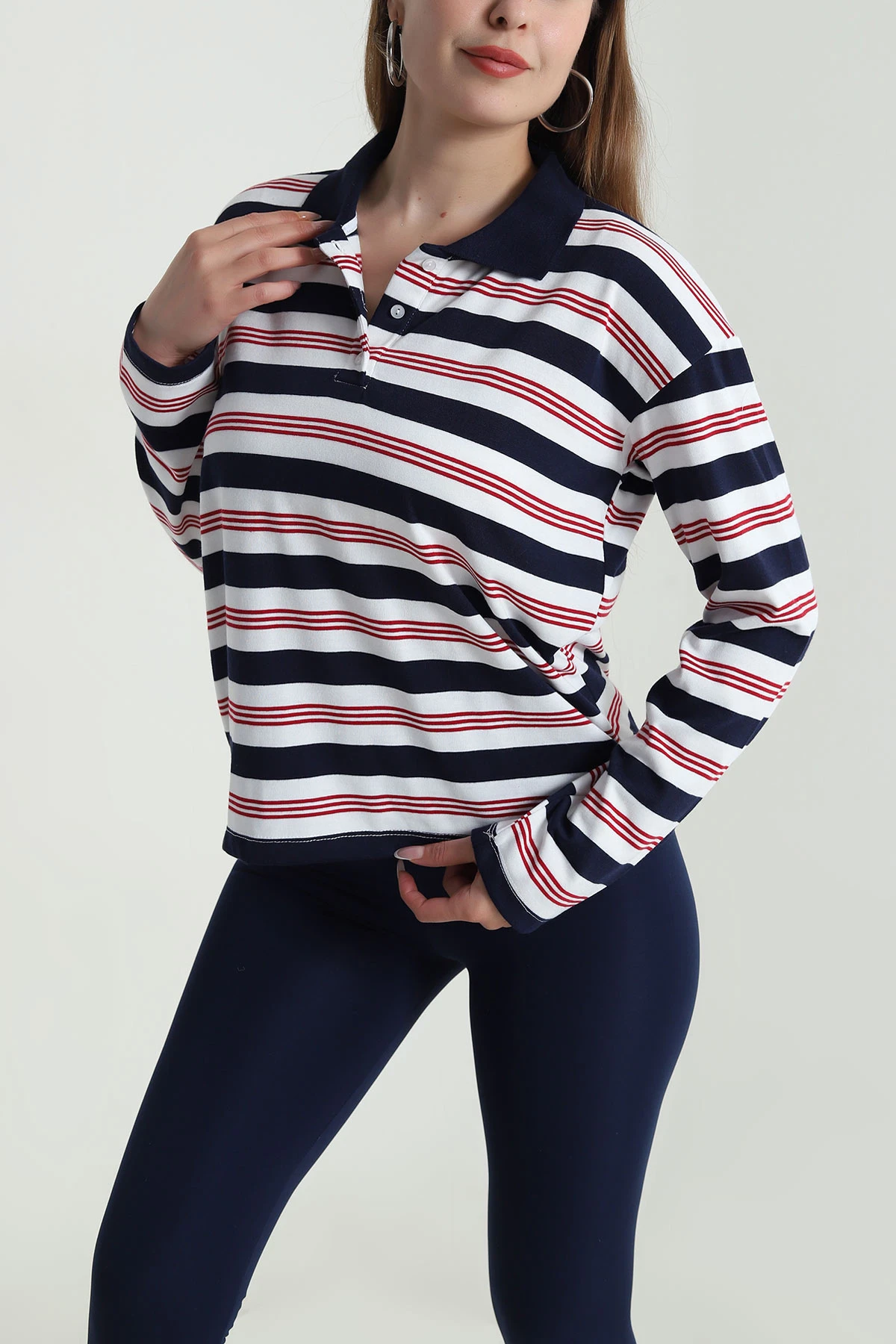 Lacivert Polo Yaka Çizgili Kadın Viskon Bluz 489527