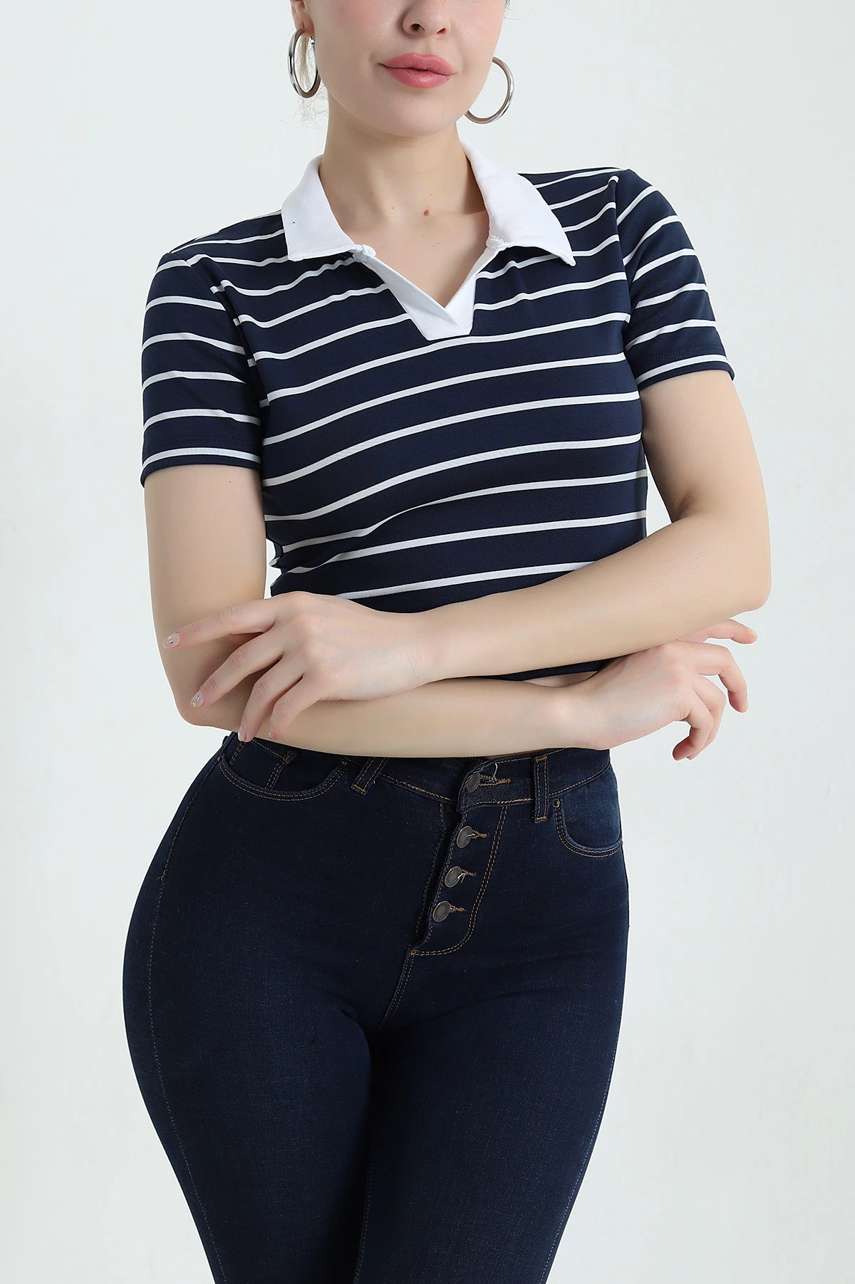 Lacivert Polo Yaka Çizgili Kompak Kadın Tişört 435294