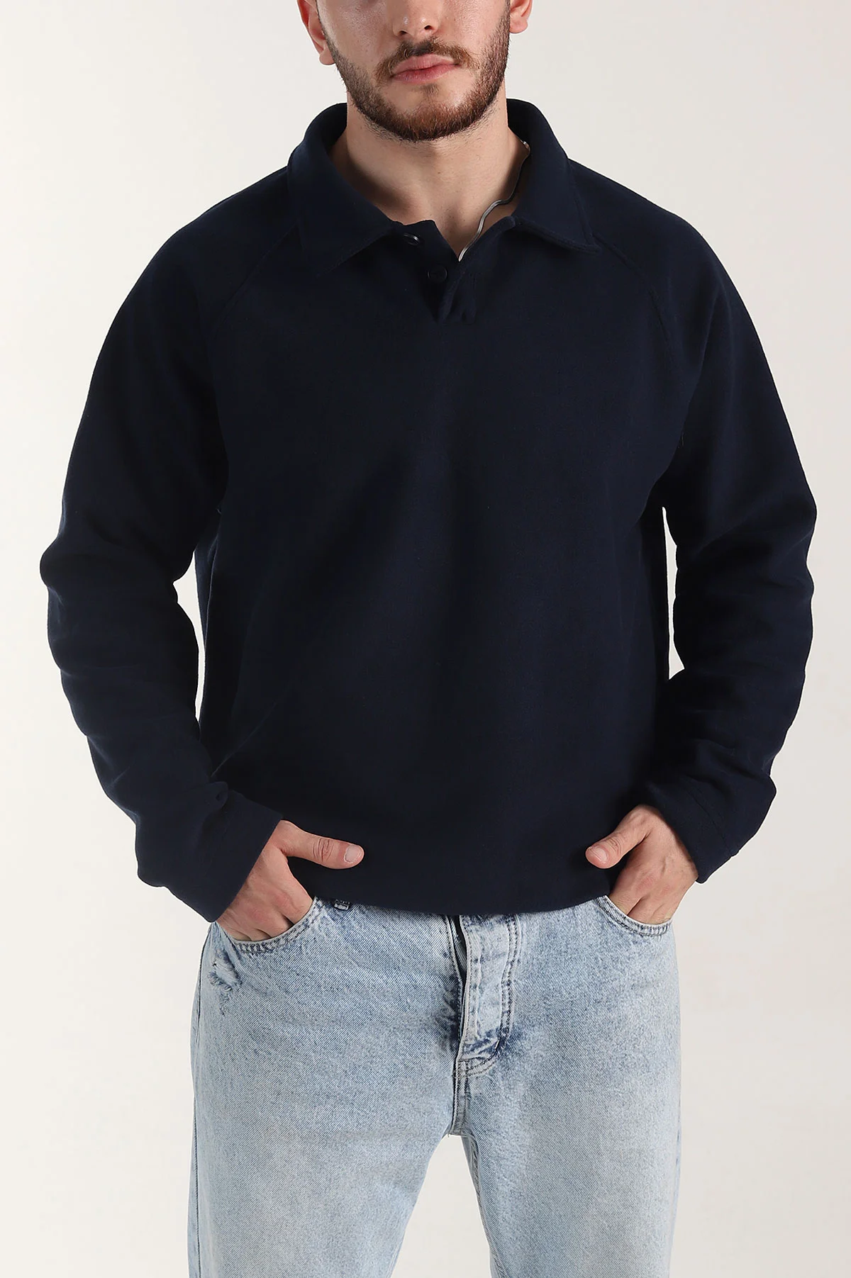 Lacivert Polo Yaka Düğmeli Uzun Kollu Polar Kumaş Erkek Sweatshirt 404281
