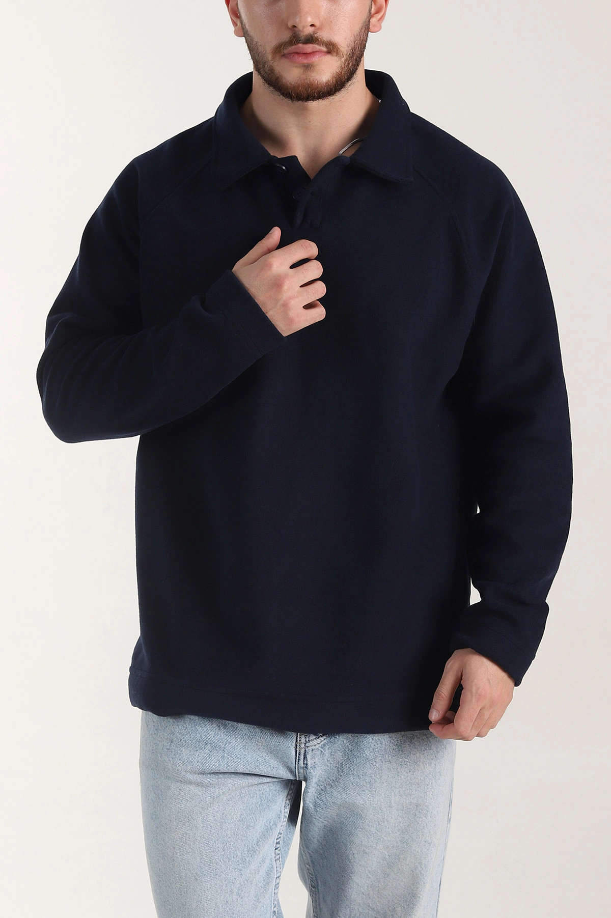 Lacivert Polo Yaka Düğmeli Uzun Kollu Polar Kumaş Erkek Sweatshirt 404281