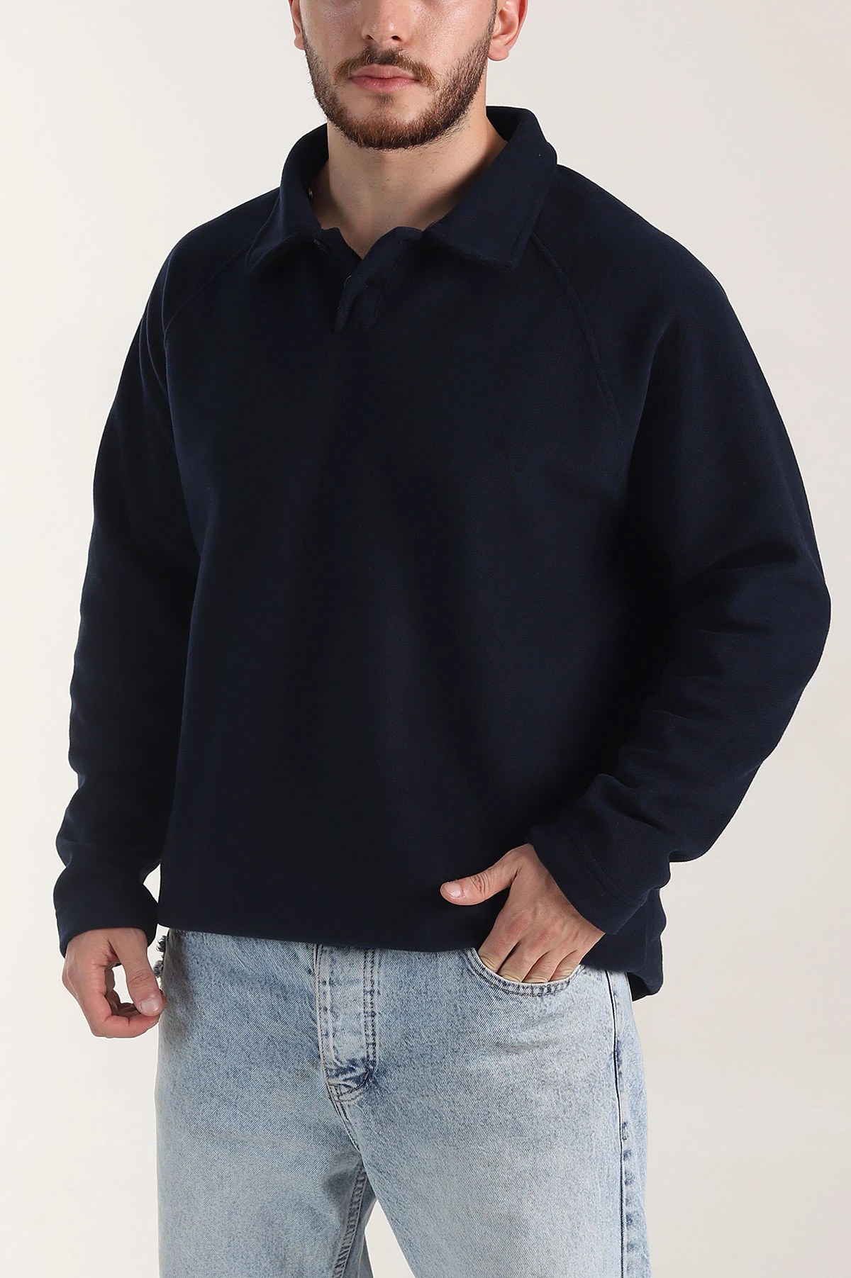 Lacivert Polo Yaka Düğmeli Uzun Kollu Polar Kumaş Erkek Sweatshirt 404281