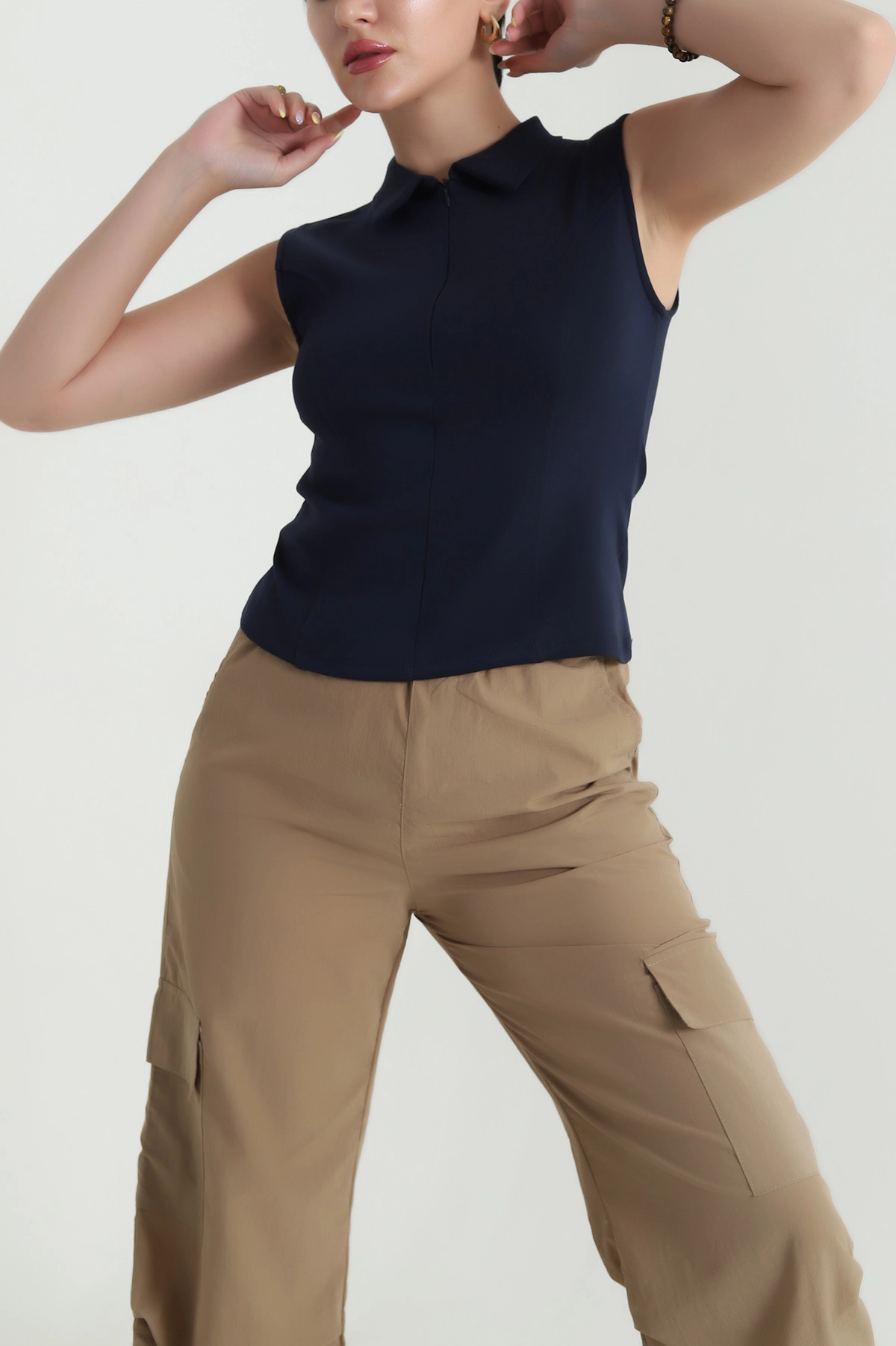 Lacivert Polo Yaka Fermuarlı Kadın Body Bluz 467083