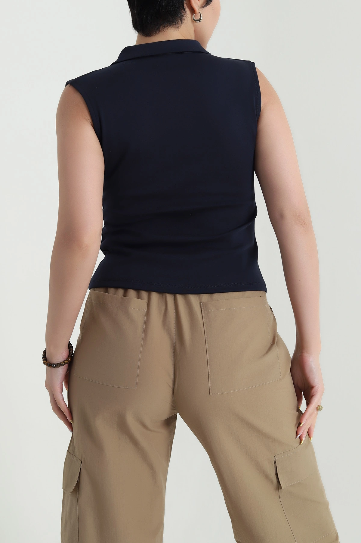 Lacivert Polo Yaka Fermuarlı Kadın Body Bluz 467083