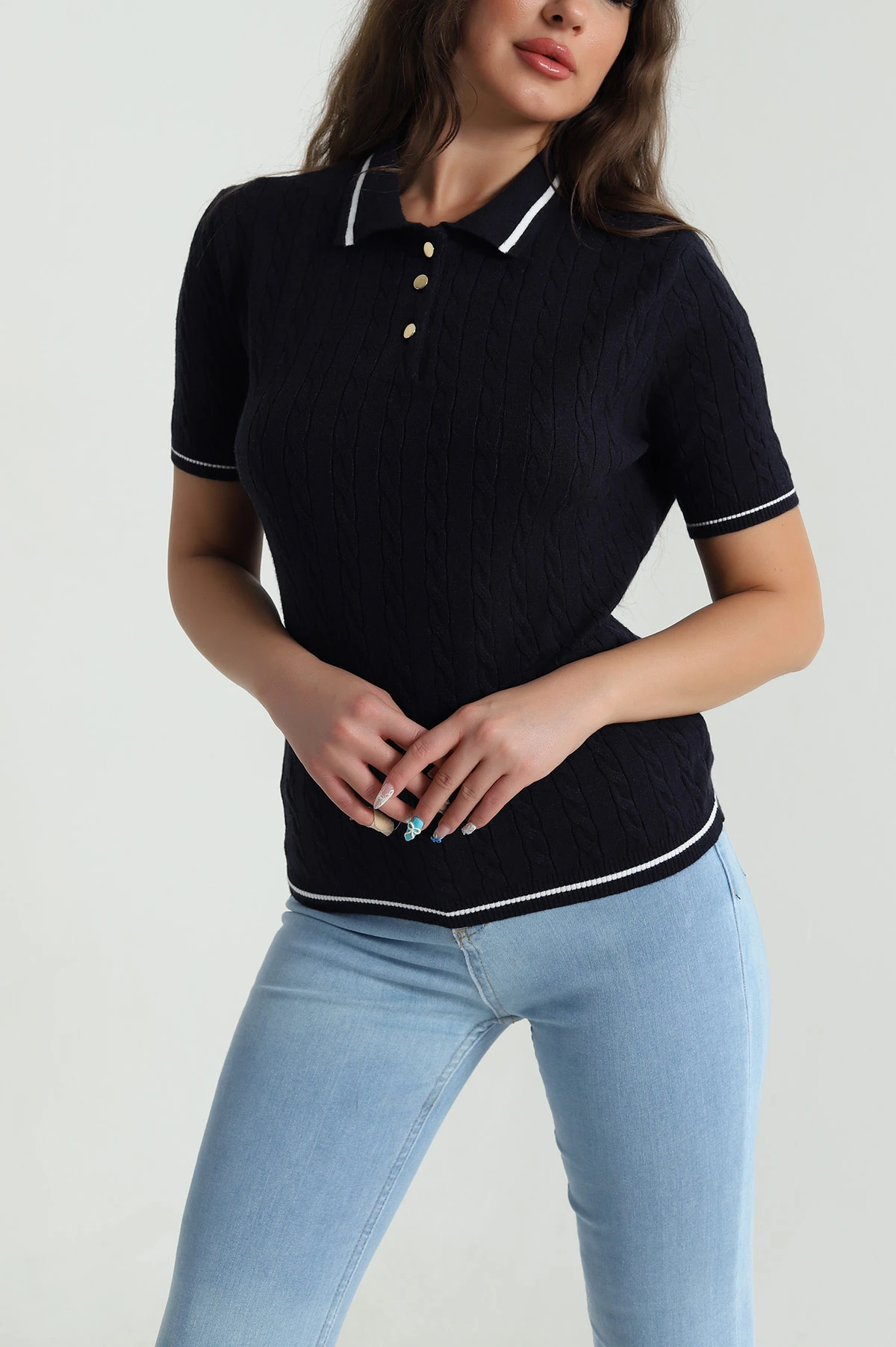 Lacivert Polo Yaka Kadın Triko Bluz 484253