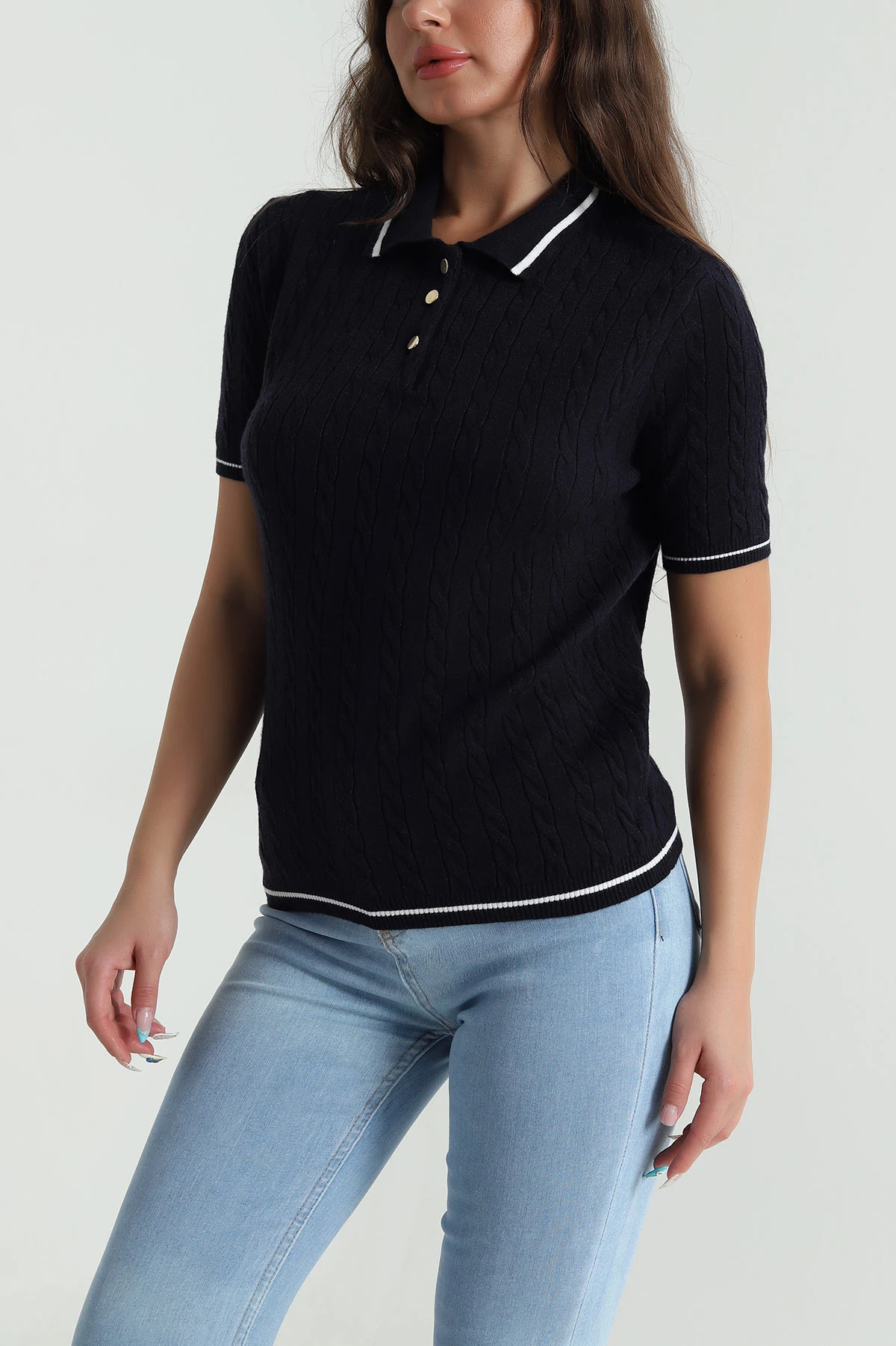 Lacivert Polo Yaka Kadın Triko Bluz 484253