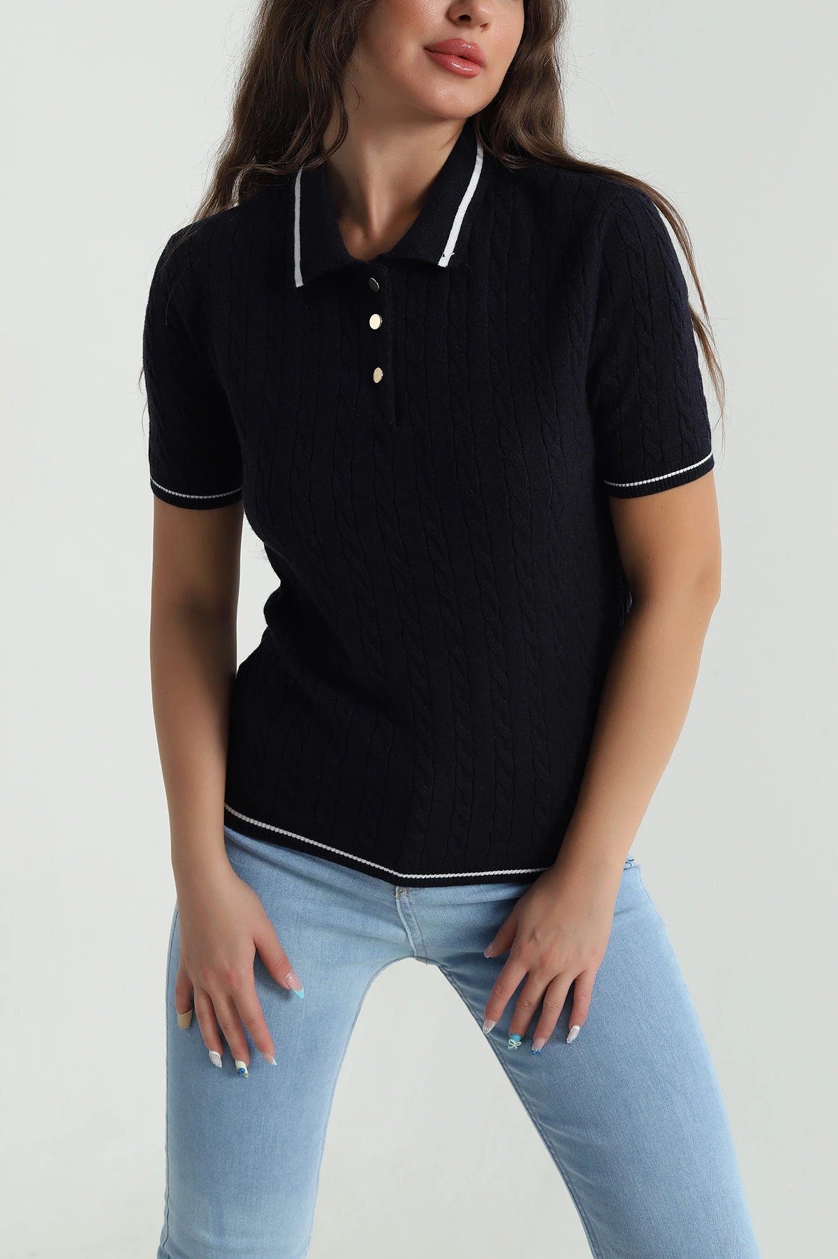 Lacivert Polo Yaka Kadın Triko Bluz 484253