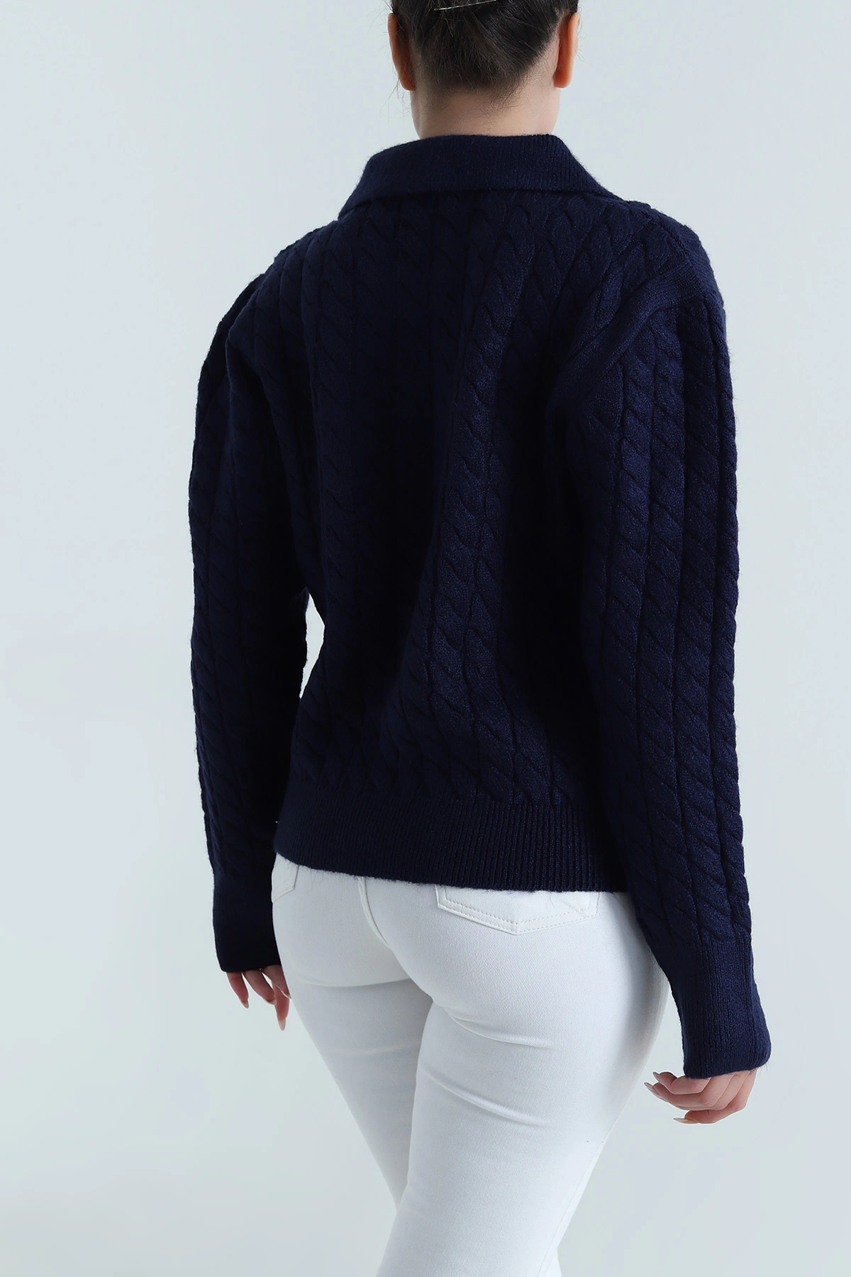 Lacivert Polo Yaka Kadın Triko Kazak 487290