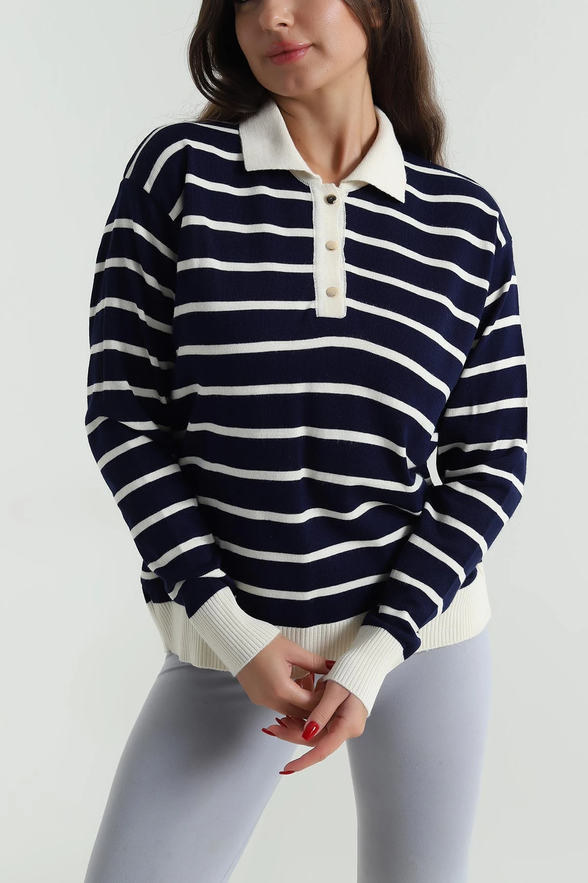 Lacivert Polo Yaka Kadın Triko Kazak 490683