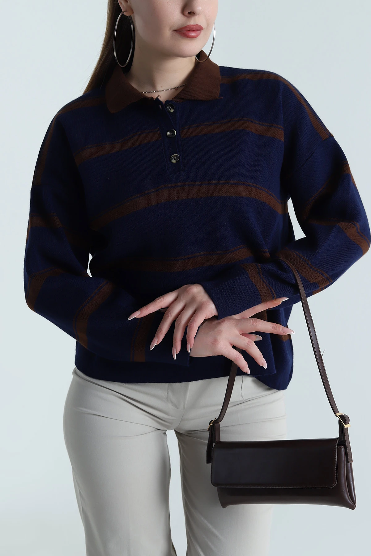 Lacivert Polo Yaka Kadın Triko Kazak 490696