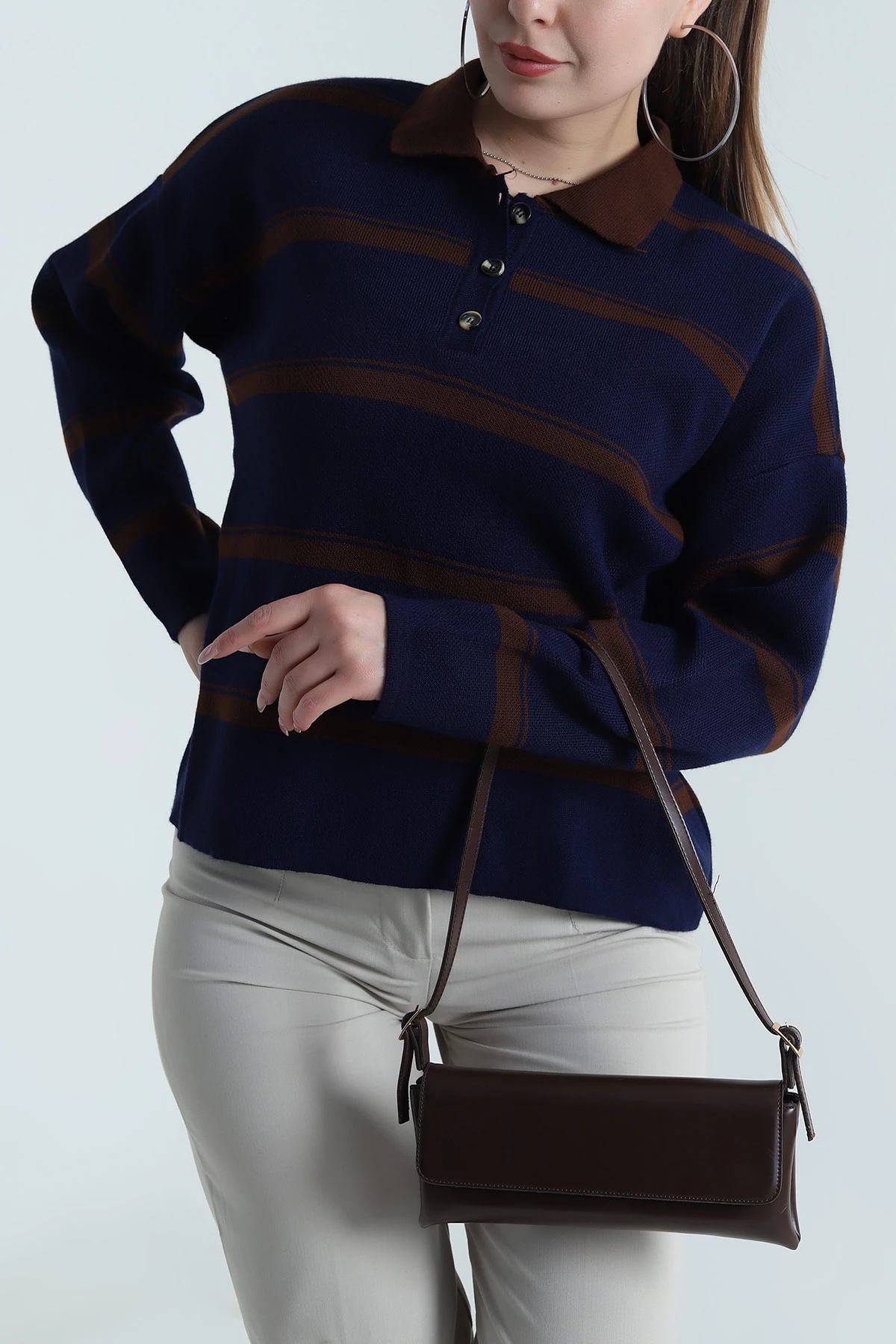 Lacivert Polo Yaka Kadın Triko Kazak 490696