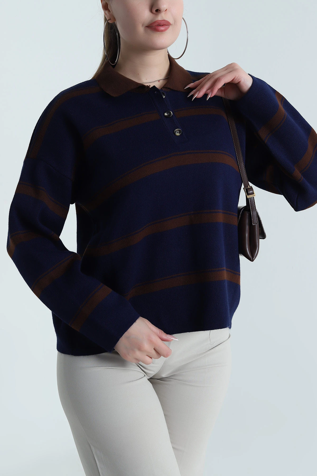 Lacivert Polo Yaka Kadın Triko Kazak 490696