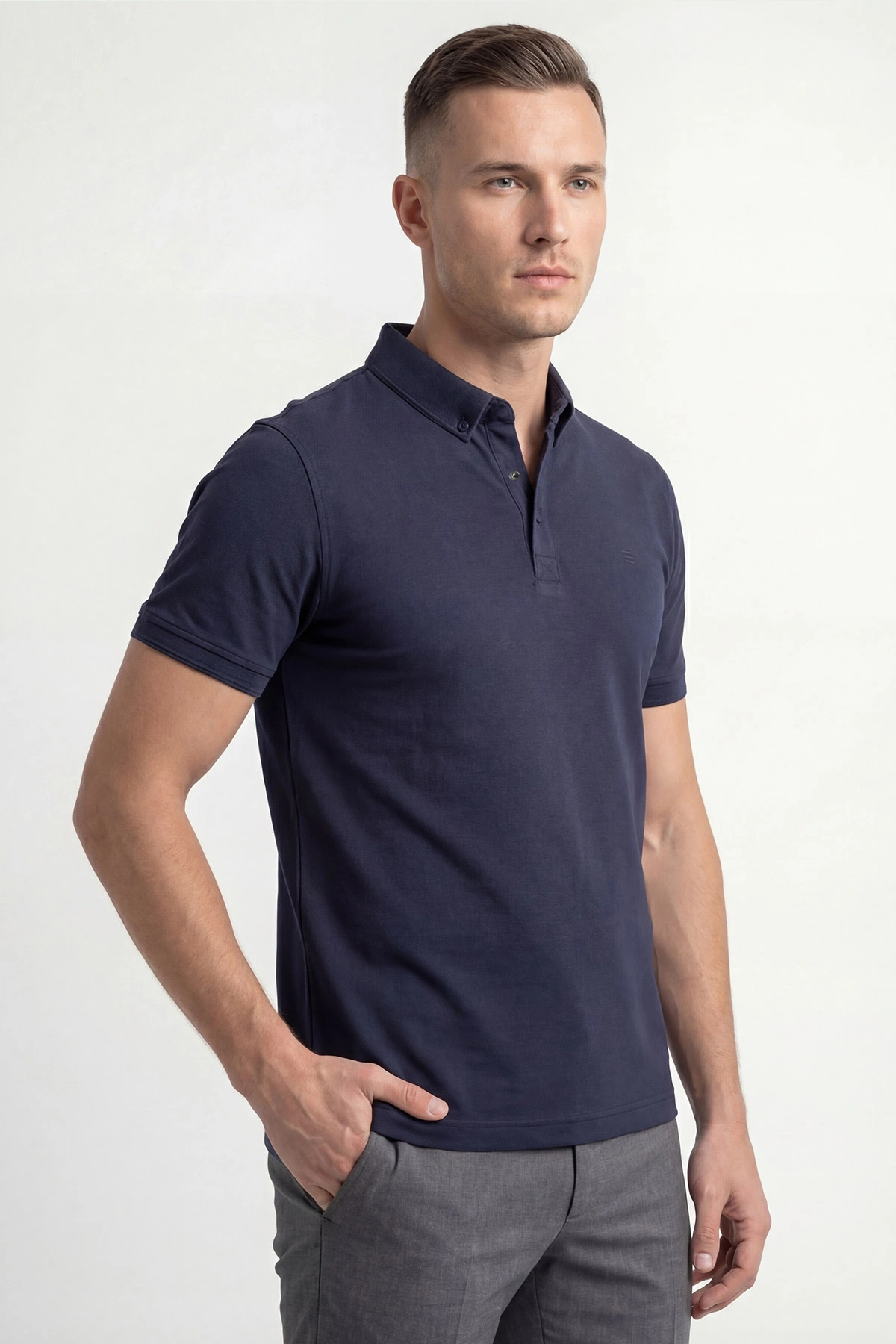 Lacivert Polo Yaka Likralı Erkek Tişört 433035