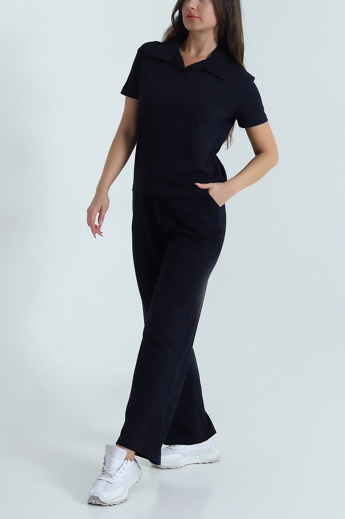 Lacivert Polo Yaka Palazzo Modal Kadın İkili Takım 478655