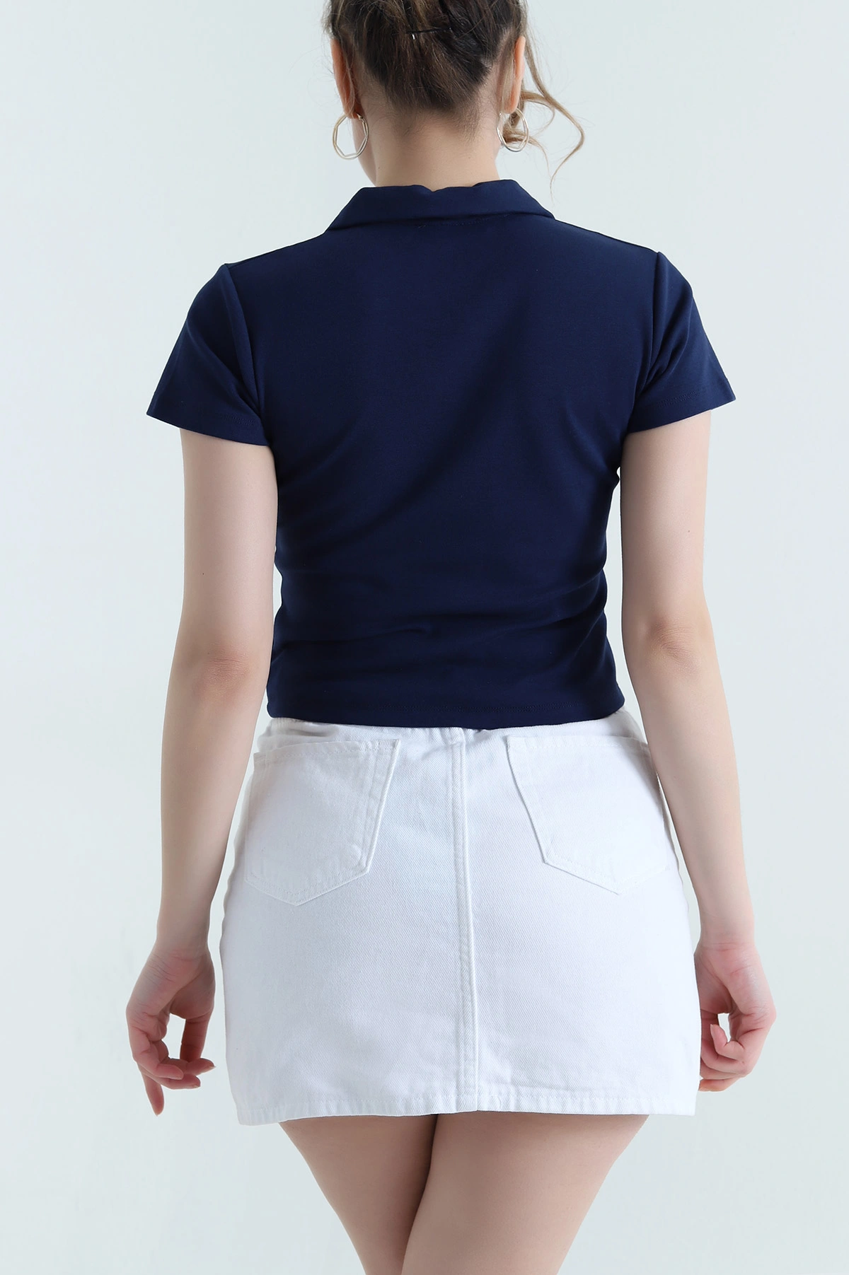 Lacivert Polo Yaka Ribana Kadın Bluz 446619