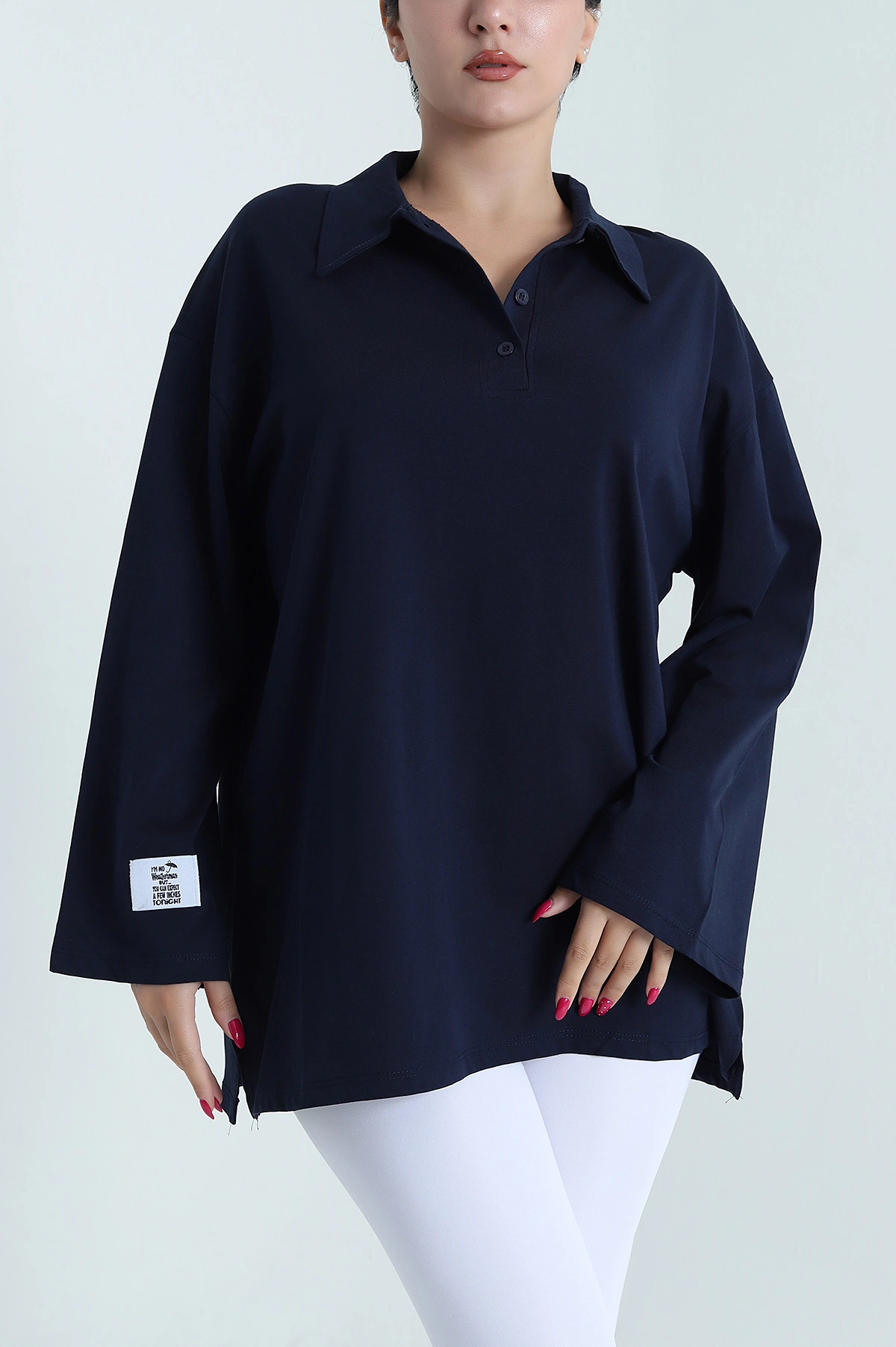 Lacivert Polo Yaka Salaş Uzun Kol Kadın Tunik 477259