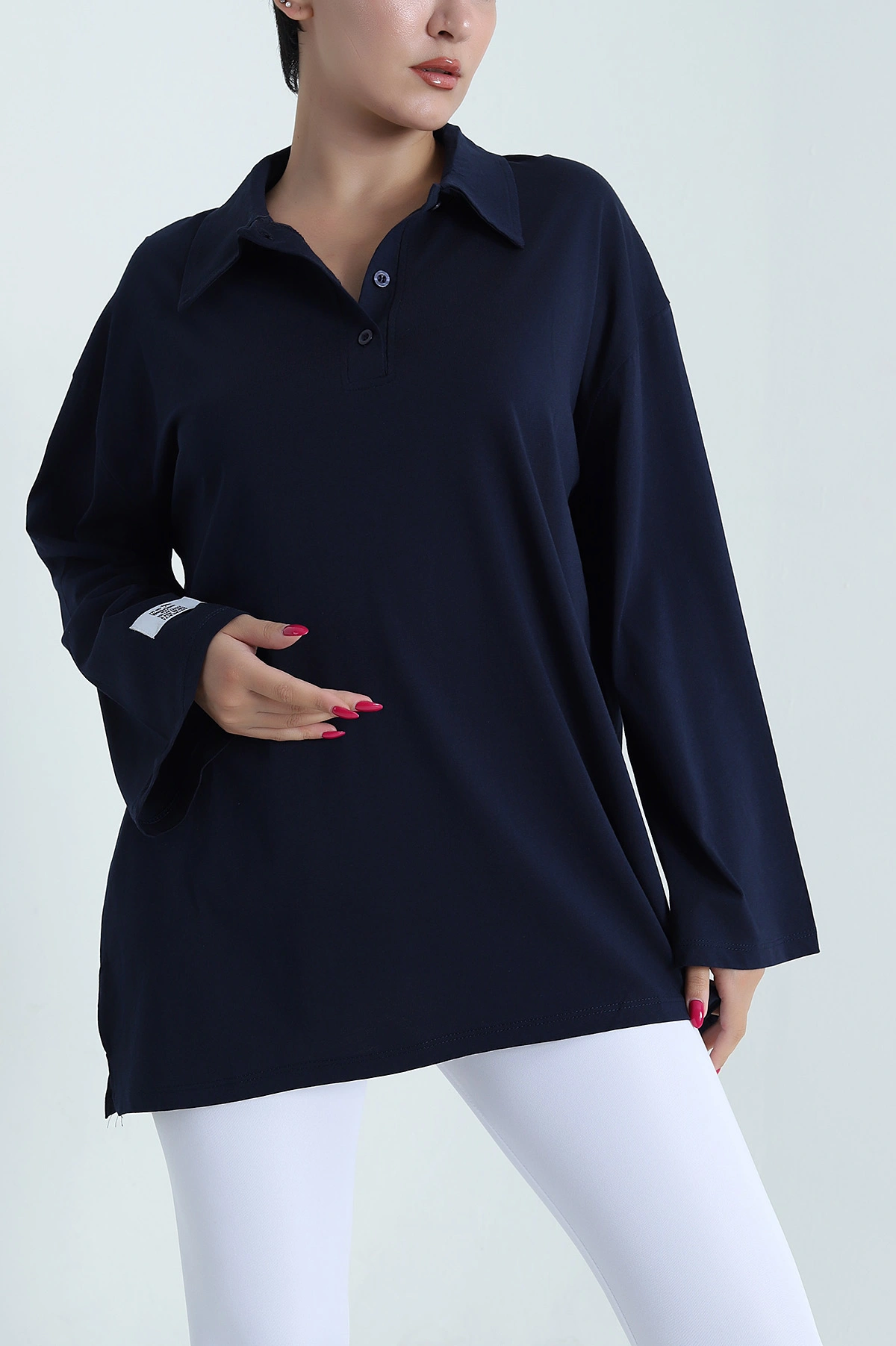 Lacivert Polo Yaka Salaş Uzun Kol Kadın Tunik 477259