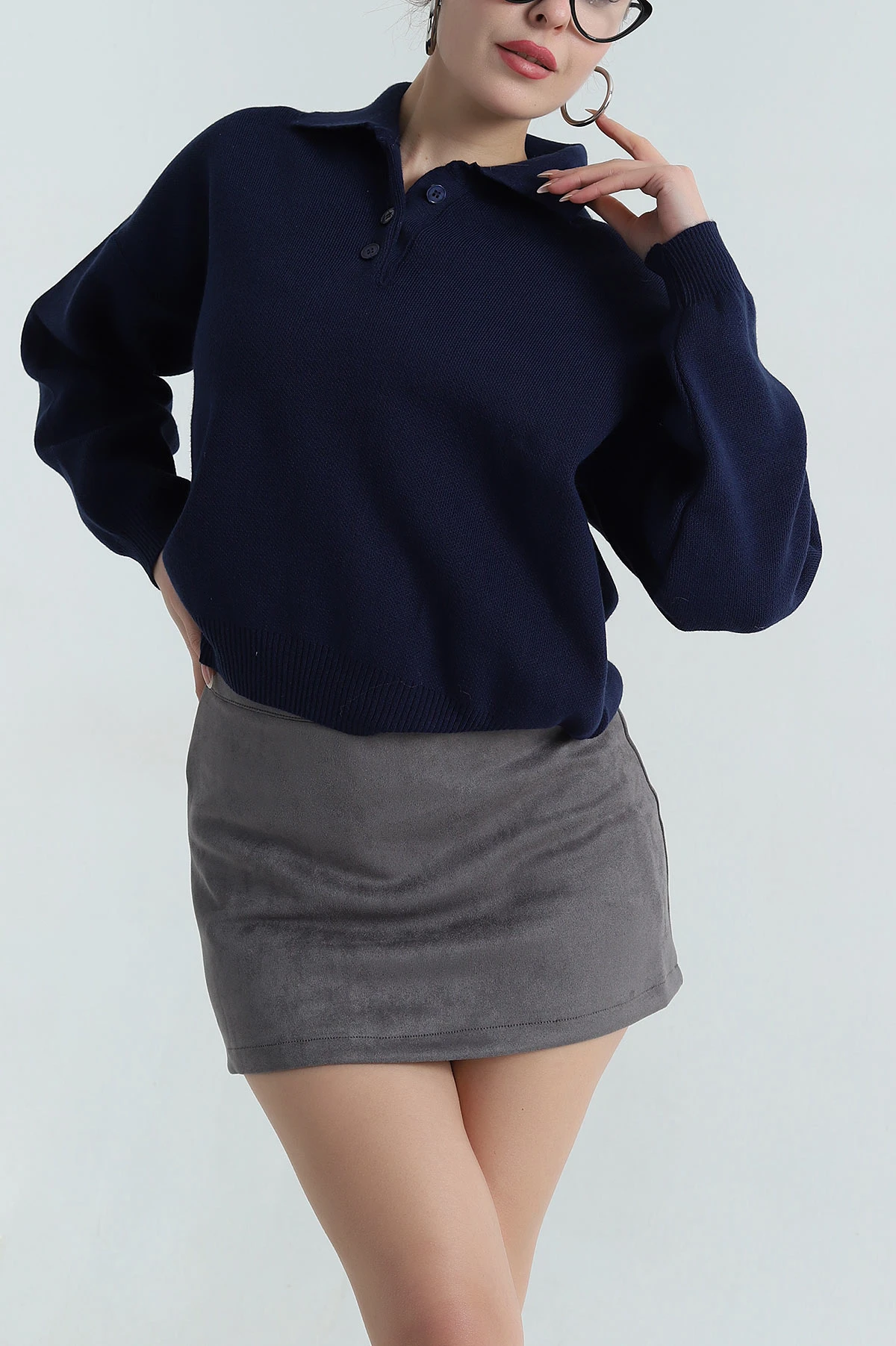 Lacivert Polo Yaka Triko Kadın Kazak 403821