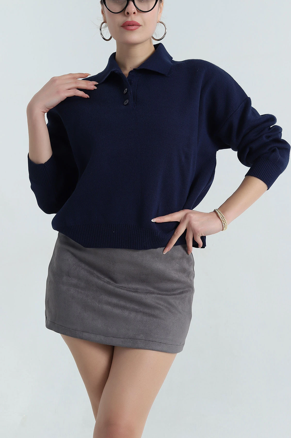 Lacivert Polo Yaka Triko Kadın Kazak 403821