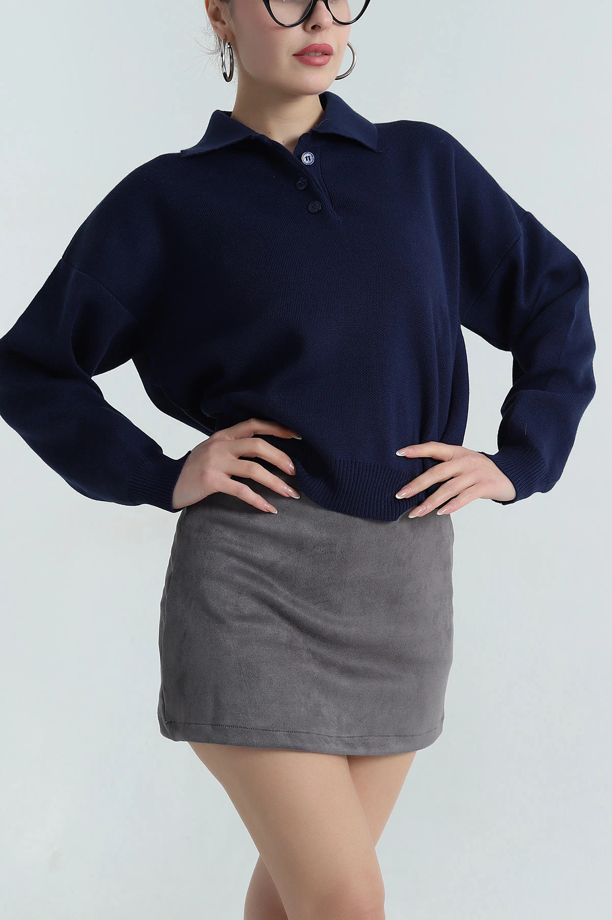 Lacivert Polo Yaka Triko Kadın Kazak 403821