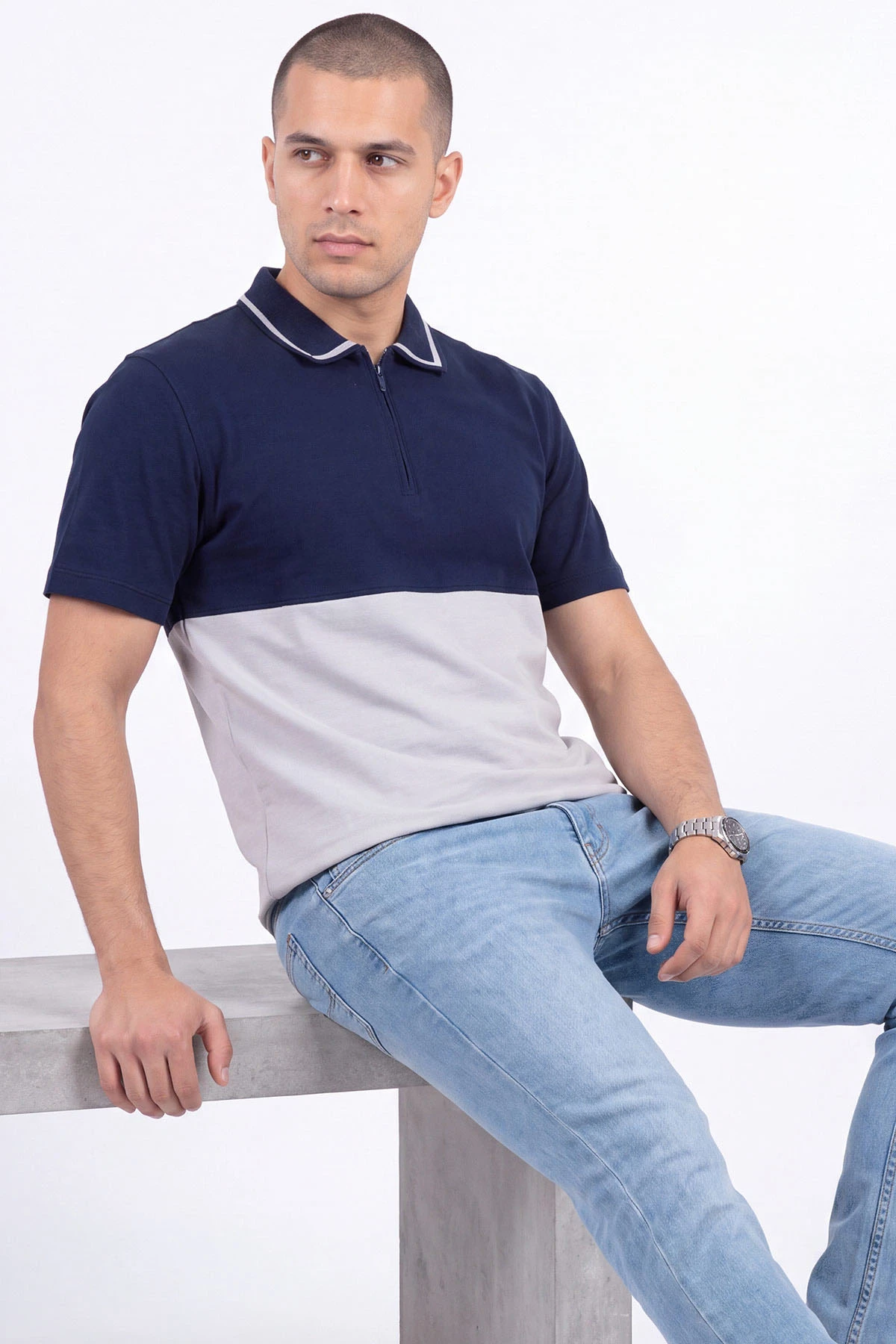 Lacivert Polo Yaka Yarım Fermuarlı Erkek Tişört 471712