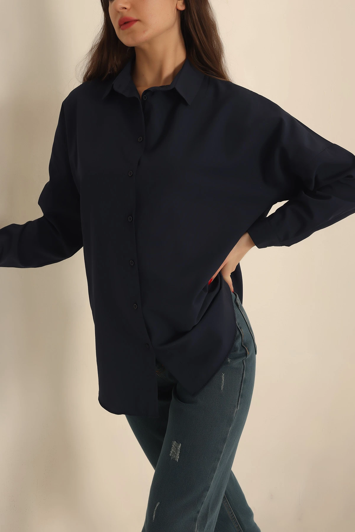 Lacivert Poplin Dokuma Bayan Gömlek 234849