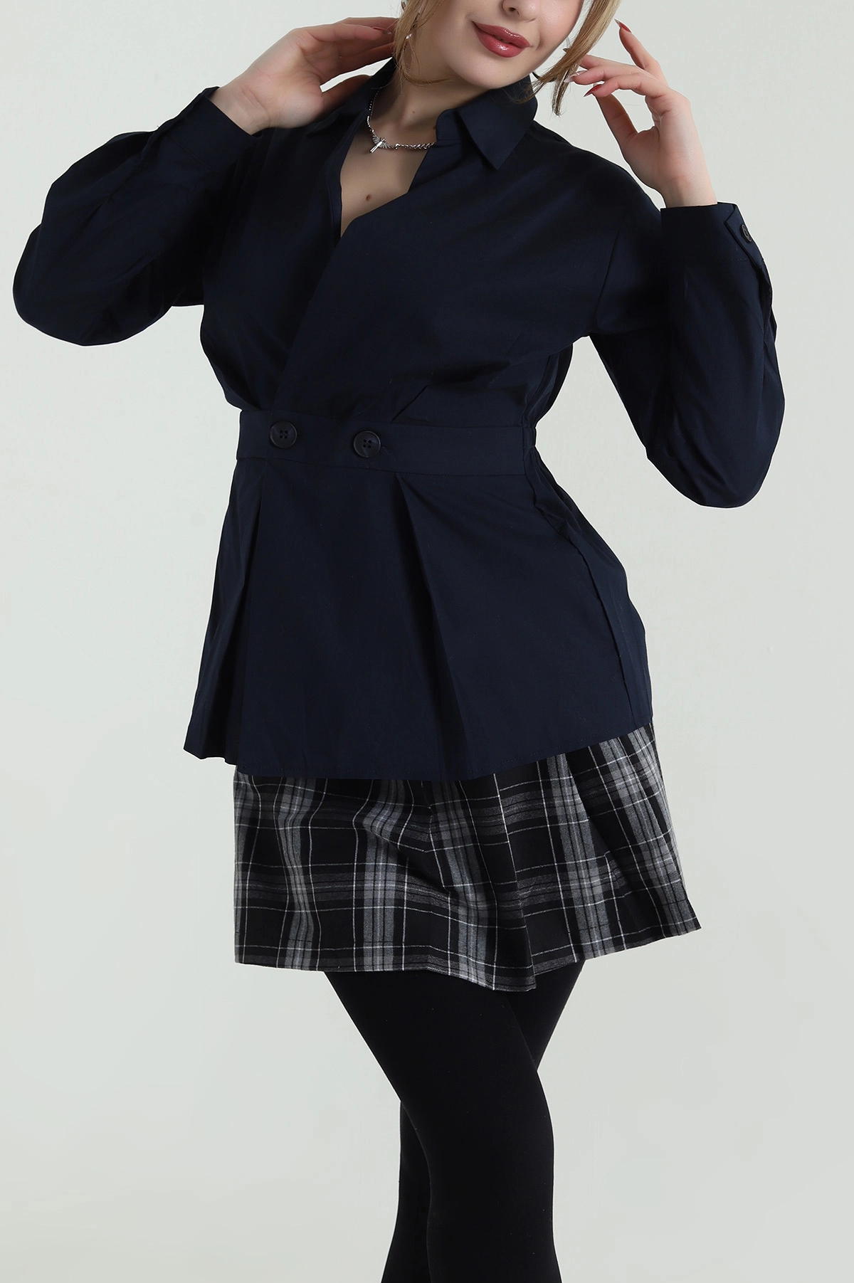 Lacivert Poplin Dokuma Kadın Gömlek Bluz 425481