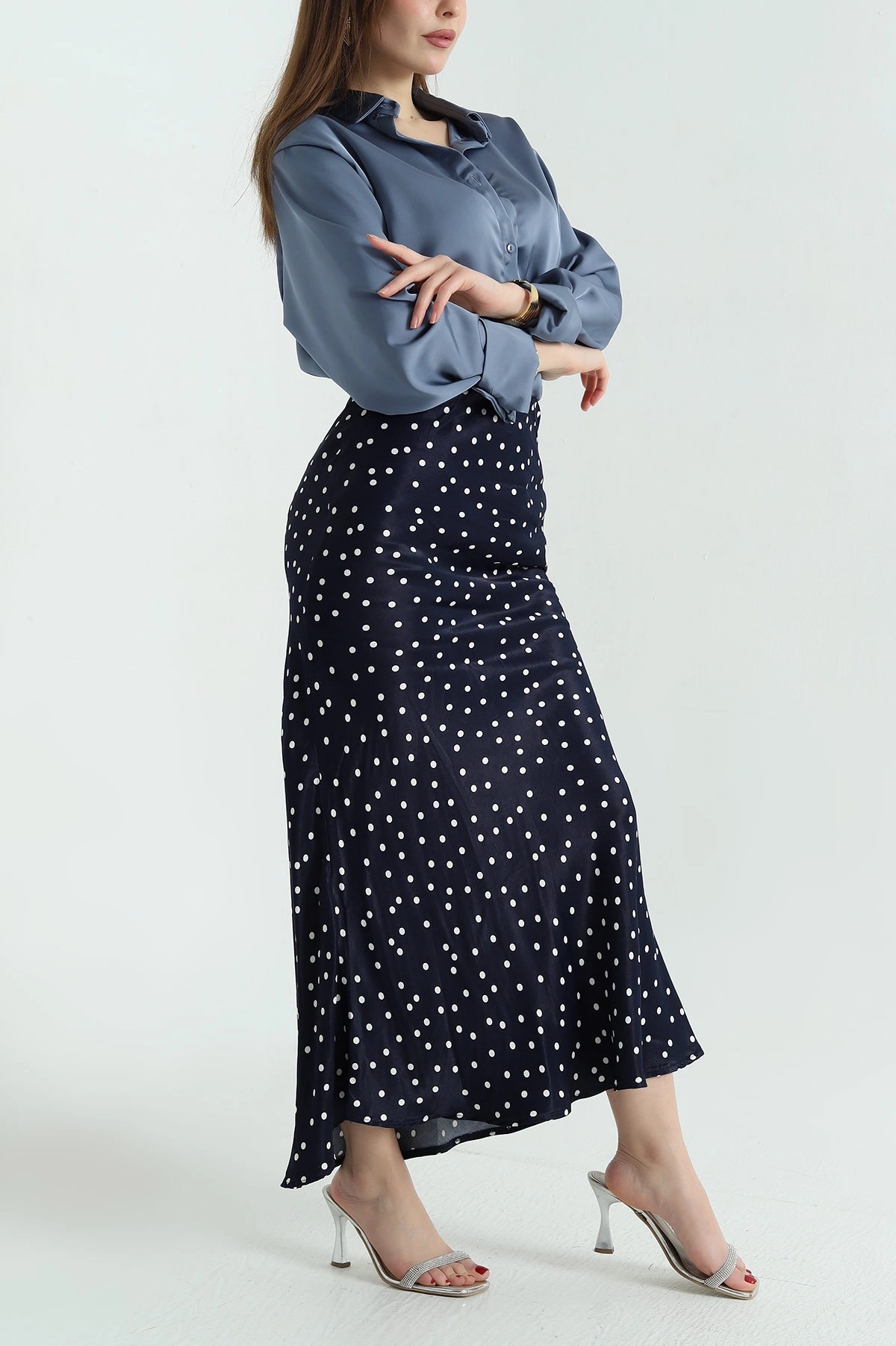Lacivert Puantiyeli Bel Lastikli Saten Etek 333797