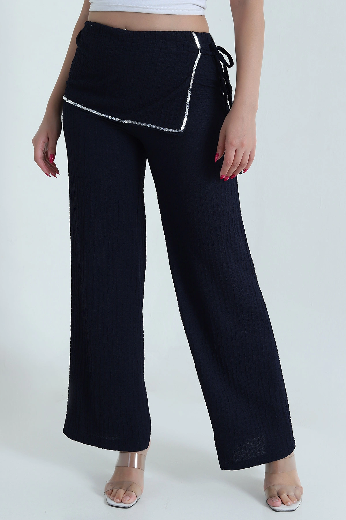 Lacivert Pul Nakışlı Gofre Kadın Pantolon 472989