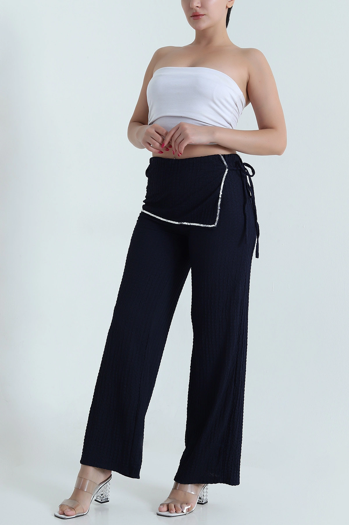 Lacivert Pul Nakışlı Gofre Kadın Pantolon 472989
