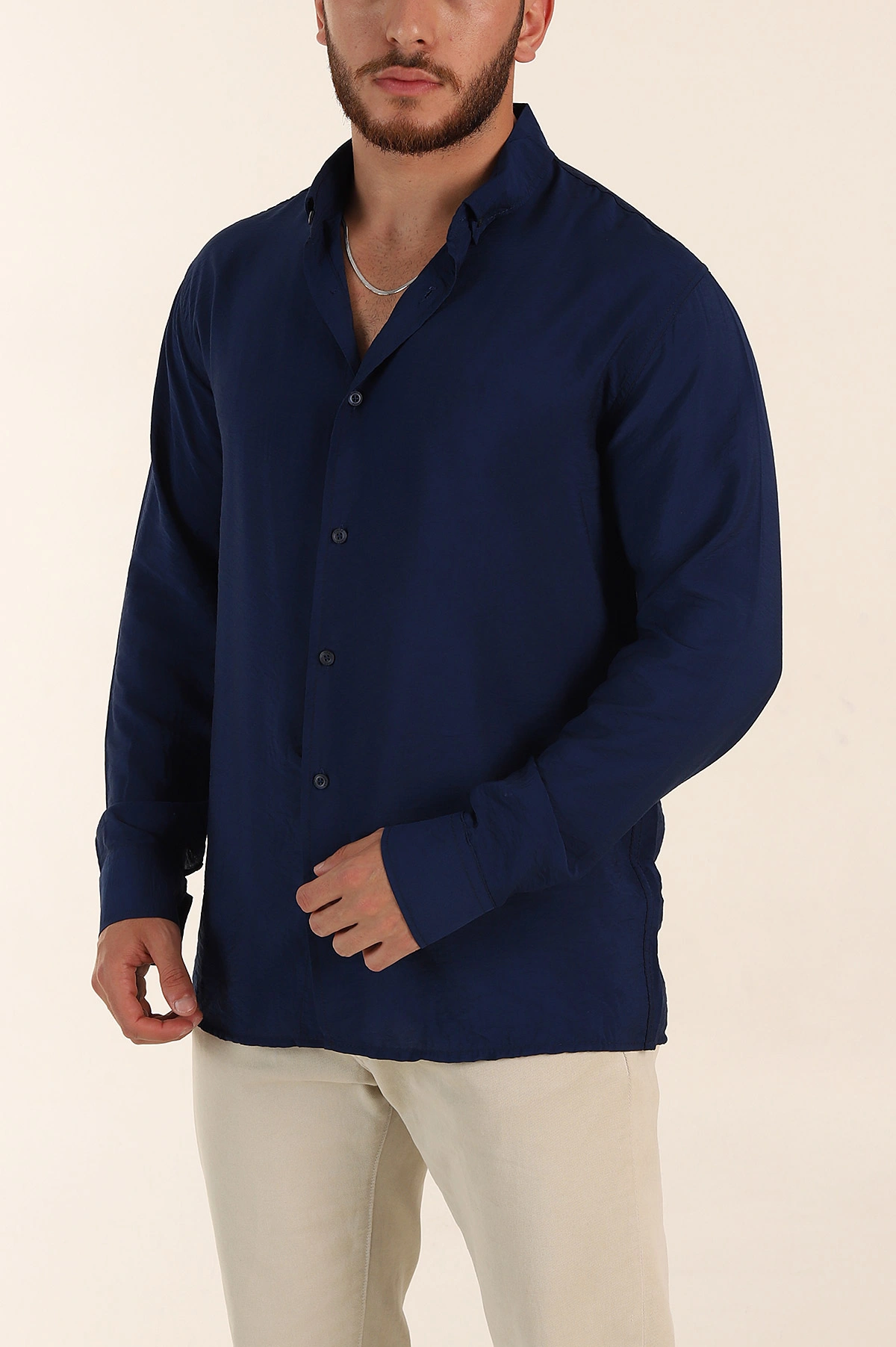 Lacivert Regular Fit Ata Yaka Basic Uzun Kollu Erkek Gömlek 370032