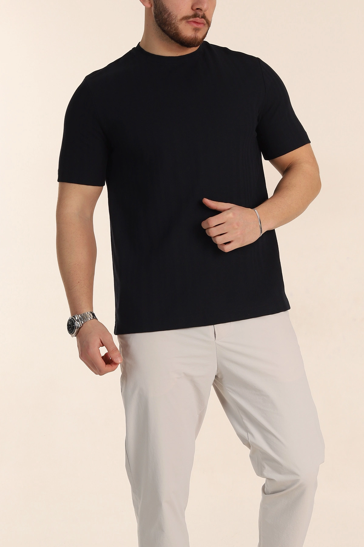 Lacivert Regular Fit Çizgi Dokulu Basic Erkek Tişört 348082