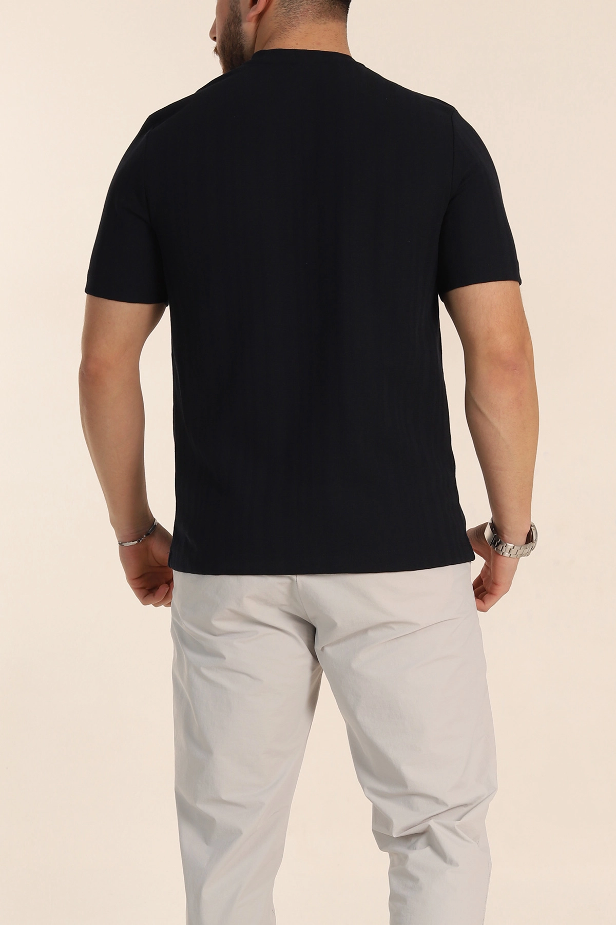 Lacivert Regular Fit Çizgi Dokulu Basic Erkek Tişört 348082