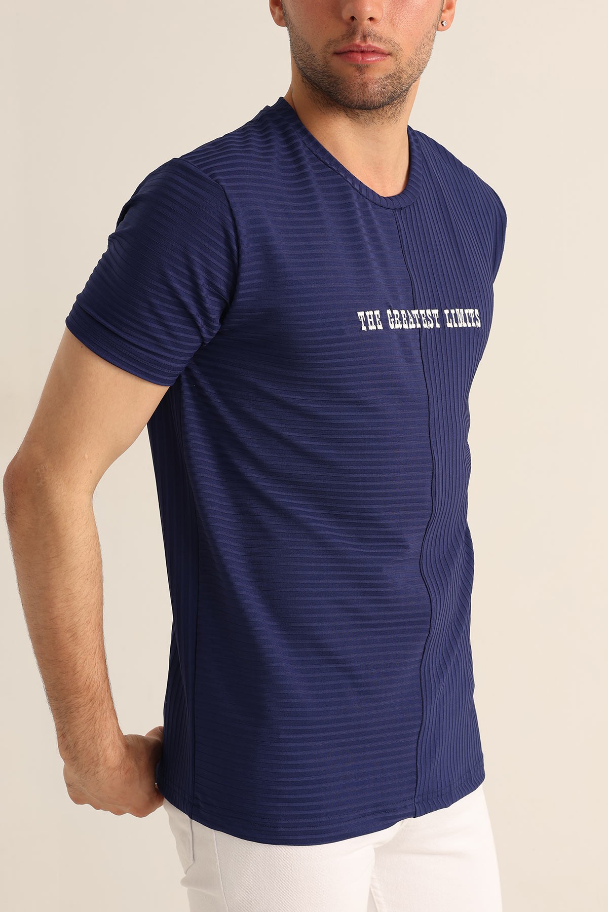 Lacivert Regular Fit Çizgi Dokulu Erkek Tişört 182314