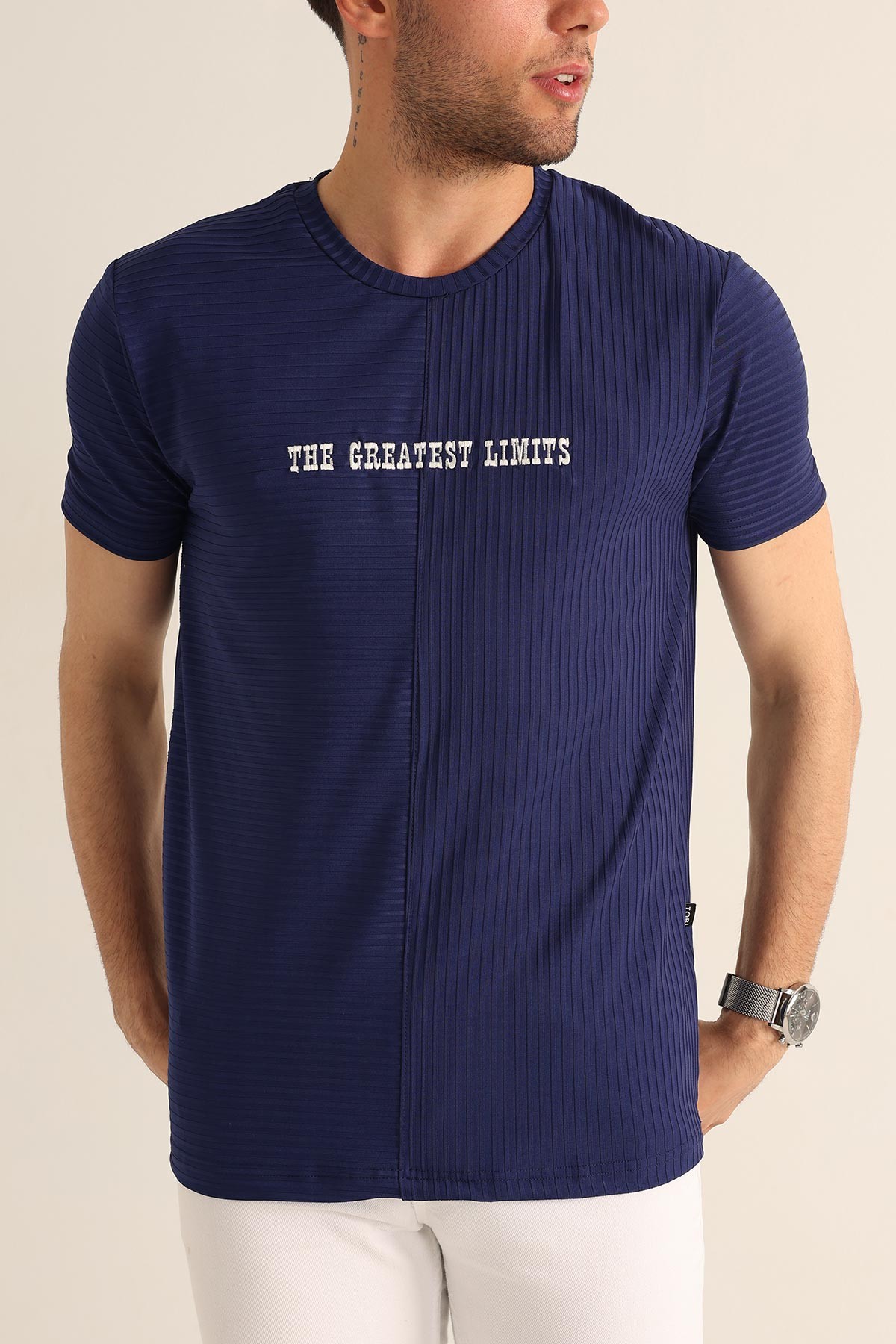 Lacivert Regular Fit Çizgi Dokulu Erkek Tişört 182314