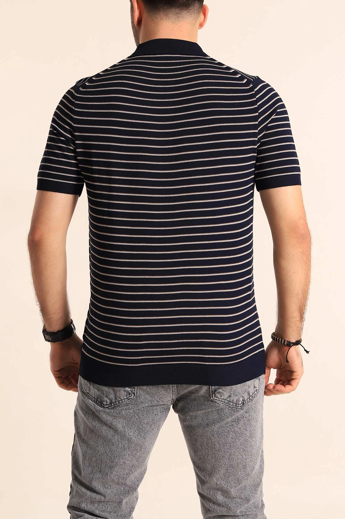 Lacivert Regular Fit Çizgili Apaş Yaka Triko Tişört 254699