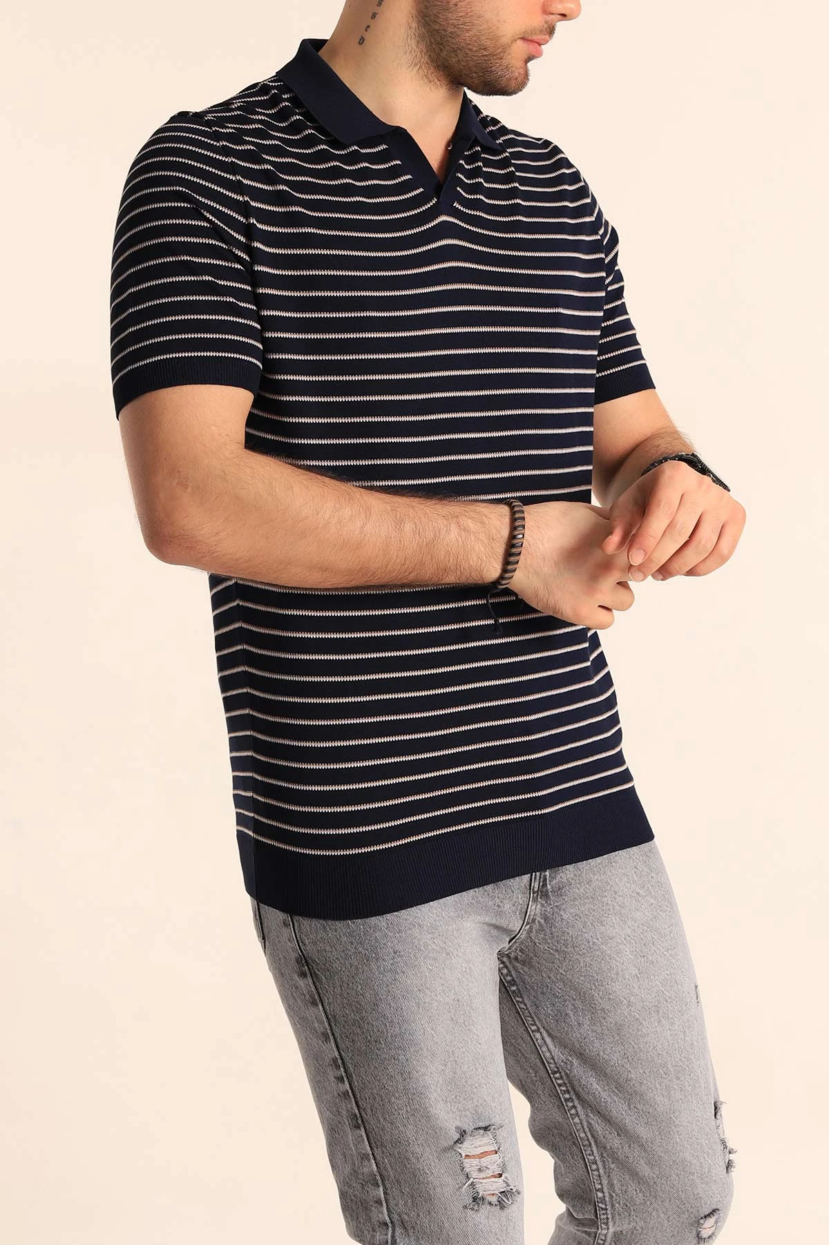 Lacivert Regular Fit Çizgili Apaş Yaka Triko Tişört 254699