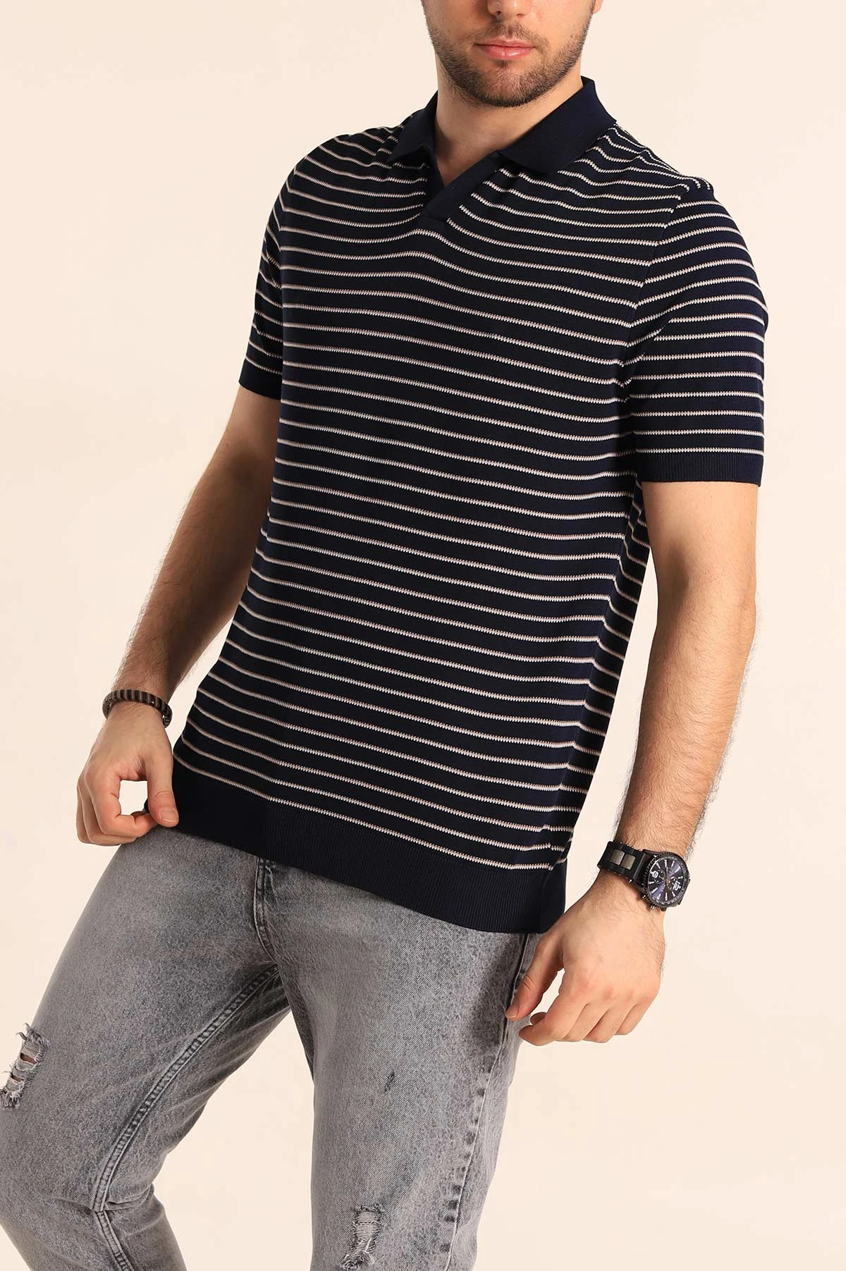 Lacivert Regular Fit Çizgili Apaş Yaka Triko Tişört 254699