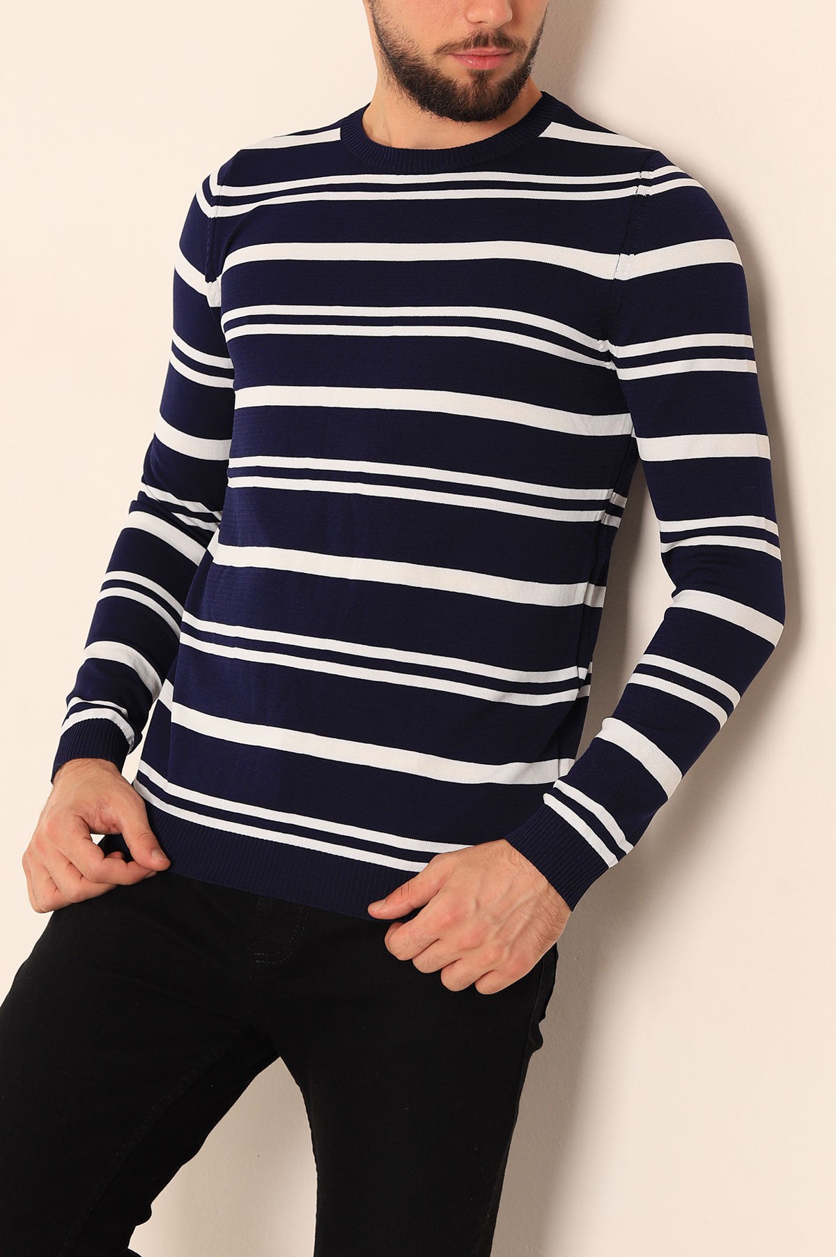 Lacivert Regular Fit Çizgili Triko Kazak 213862