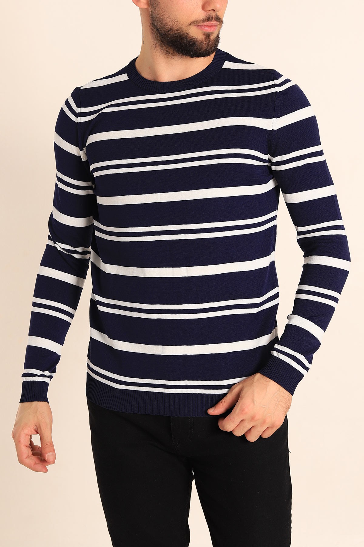Lacivert Regular Fit Çizgili Triko Kazak 213862