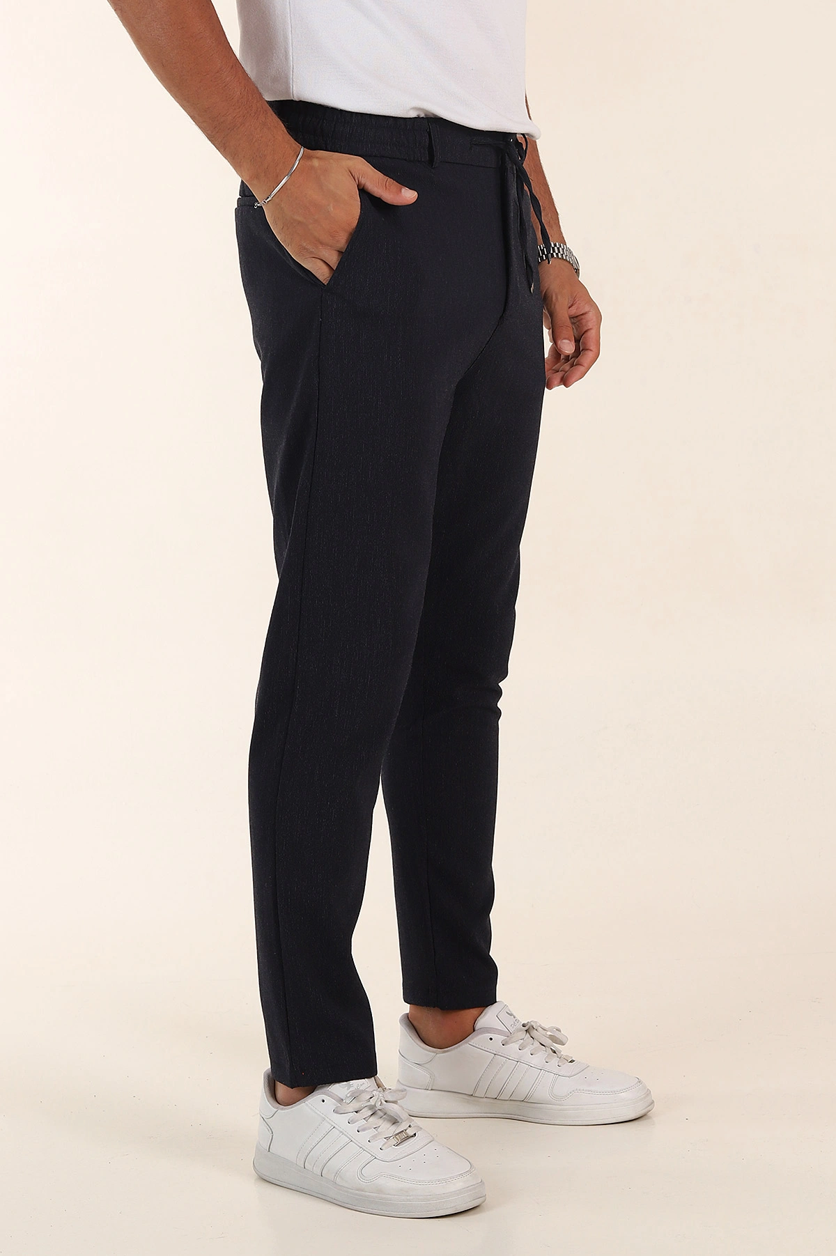 Lacivert Regular Fit Dokulu Bel Lastikli Erkek Pantolon 382285