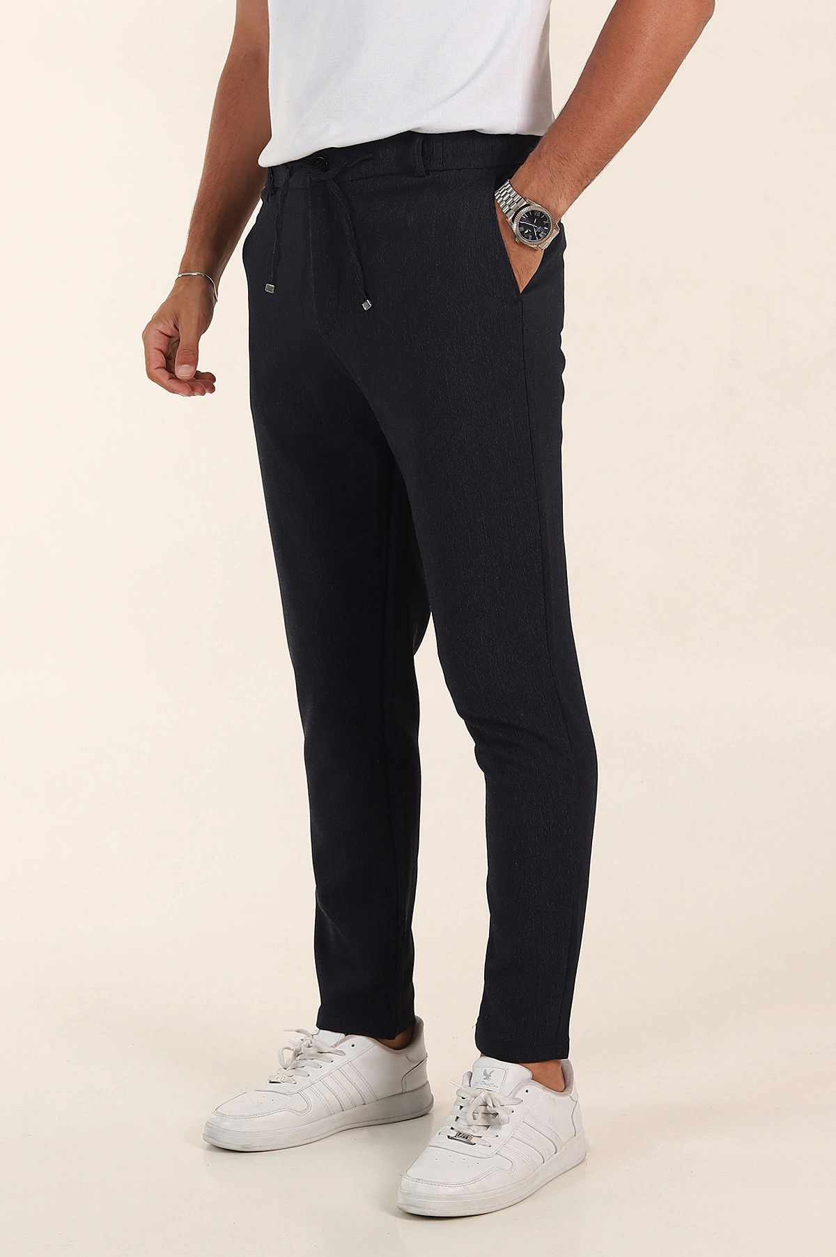 Lacivert Regular Fit Dokulu Bel Lastikli Erkek Pantolon 382285